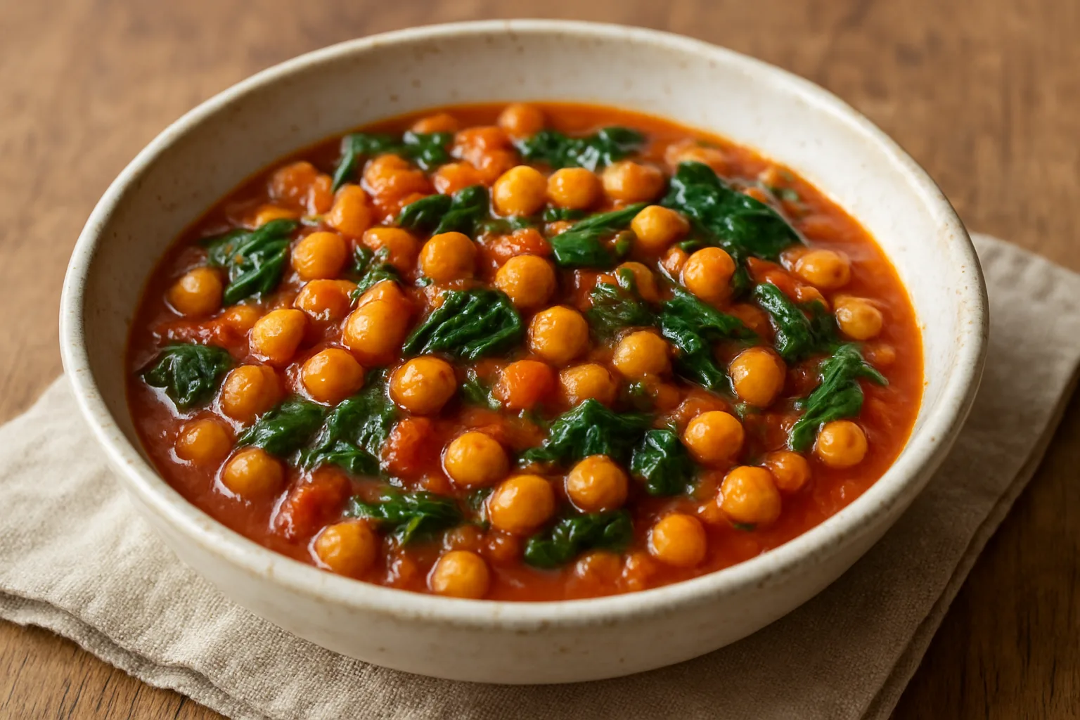 Kichererbsen-Tomaten-Pfanne mit grünem Spinat in roter Tomatensauce