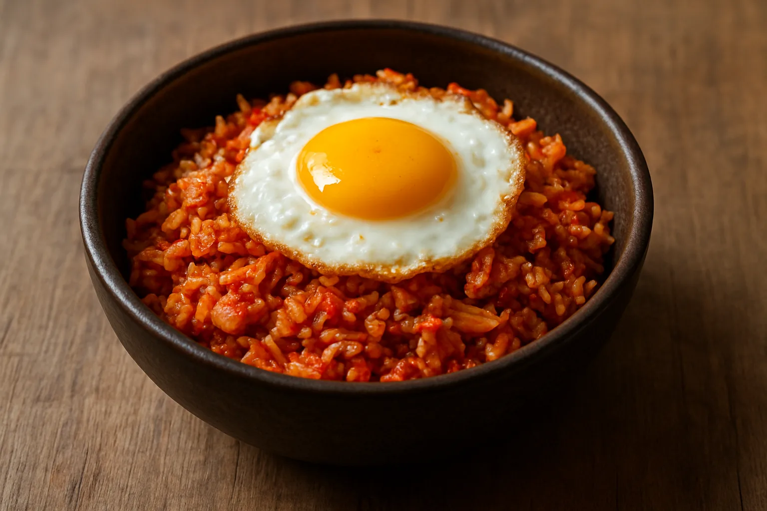 Gebratener Kimchi-Reis mit Spiegelei und Frühlingszwiebeln