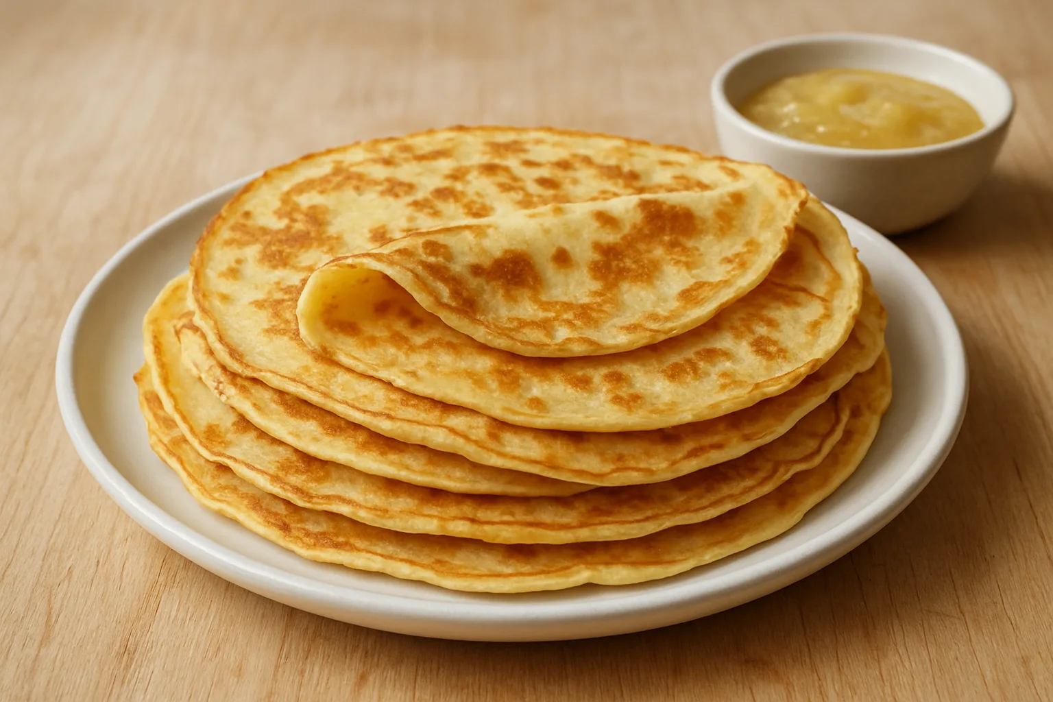 Stapel klassischer goldgelber Pfannkuchen auf einem hellen Teller