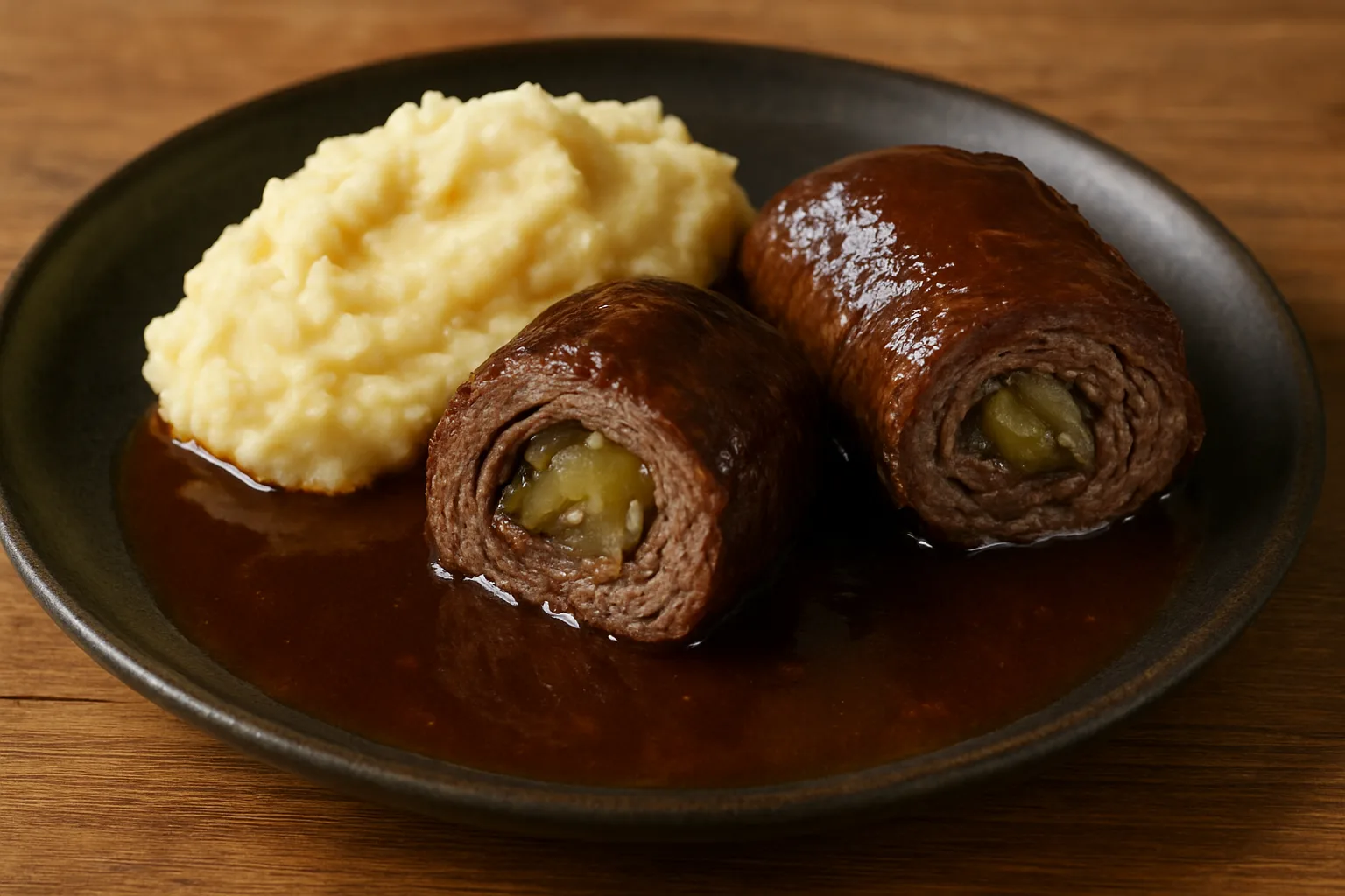 Klassische Rinderrouladen mit dunkler Sauce und Gemüse