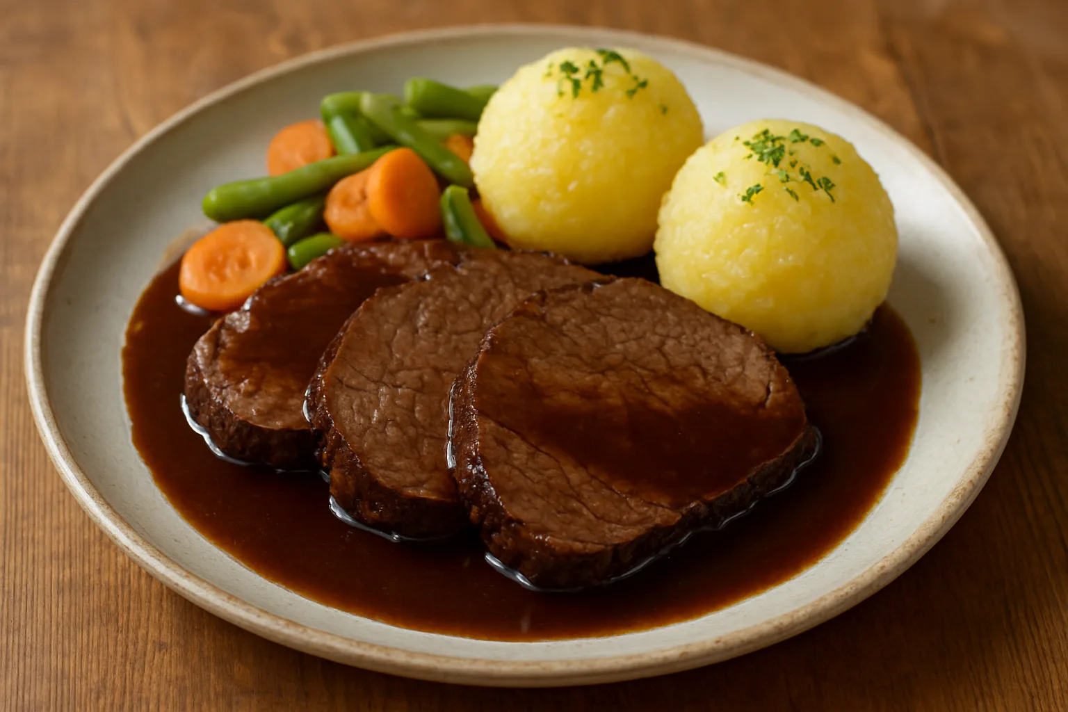 Klassischer Rinderbraten in Scheiben mit dunkler Sauce