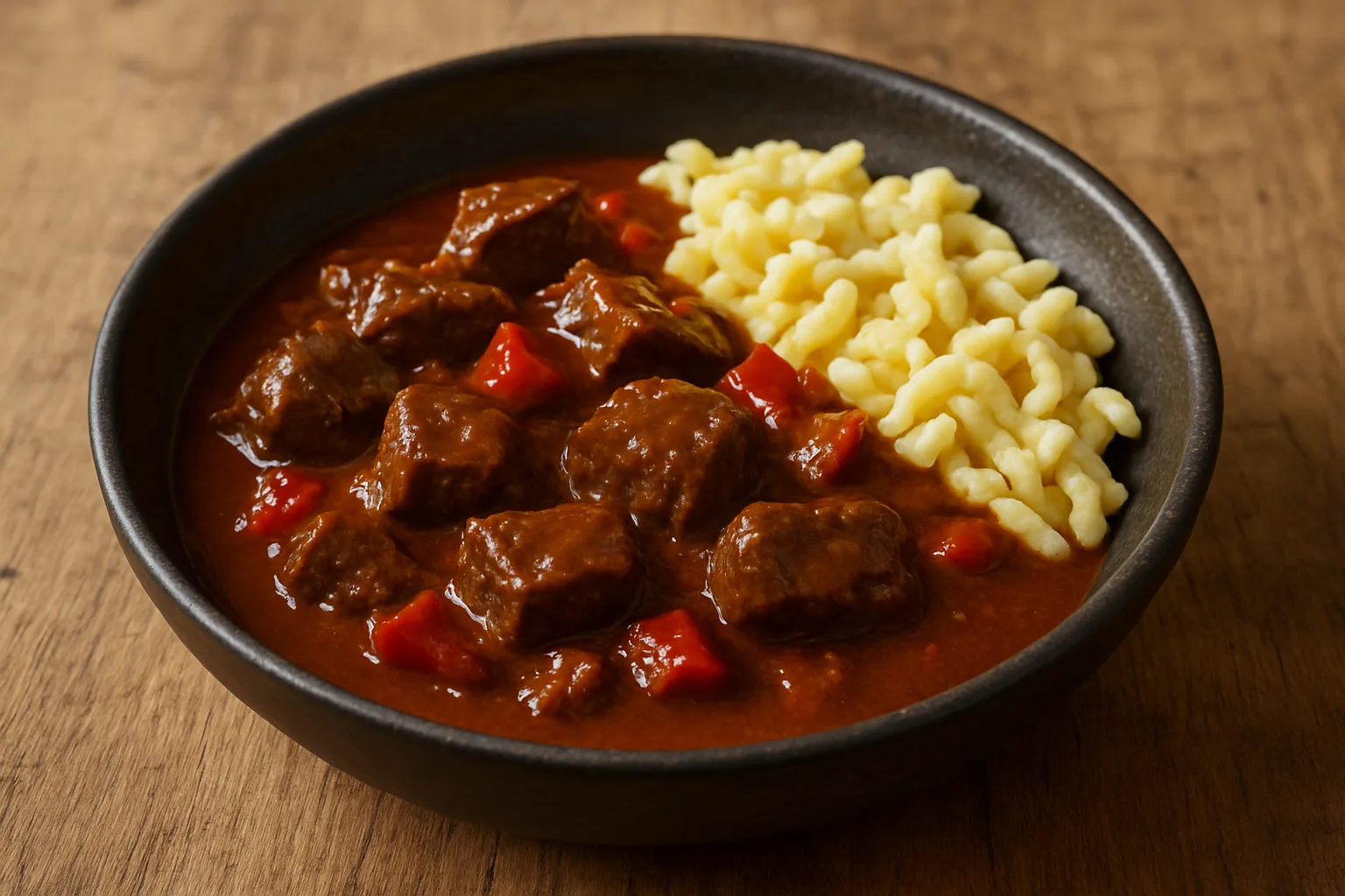 Klassisches Rindergulasch mit Paprika in kräftiger Sauce