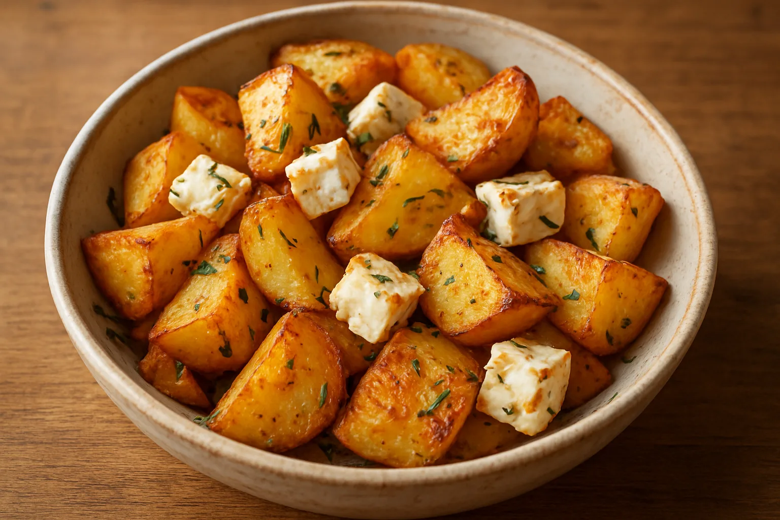 Goldbraune Knoblauch-Kartoffeln mit gebräuntem Feta aus dem Airfryer