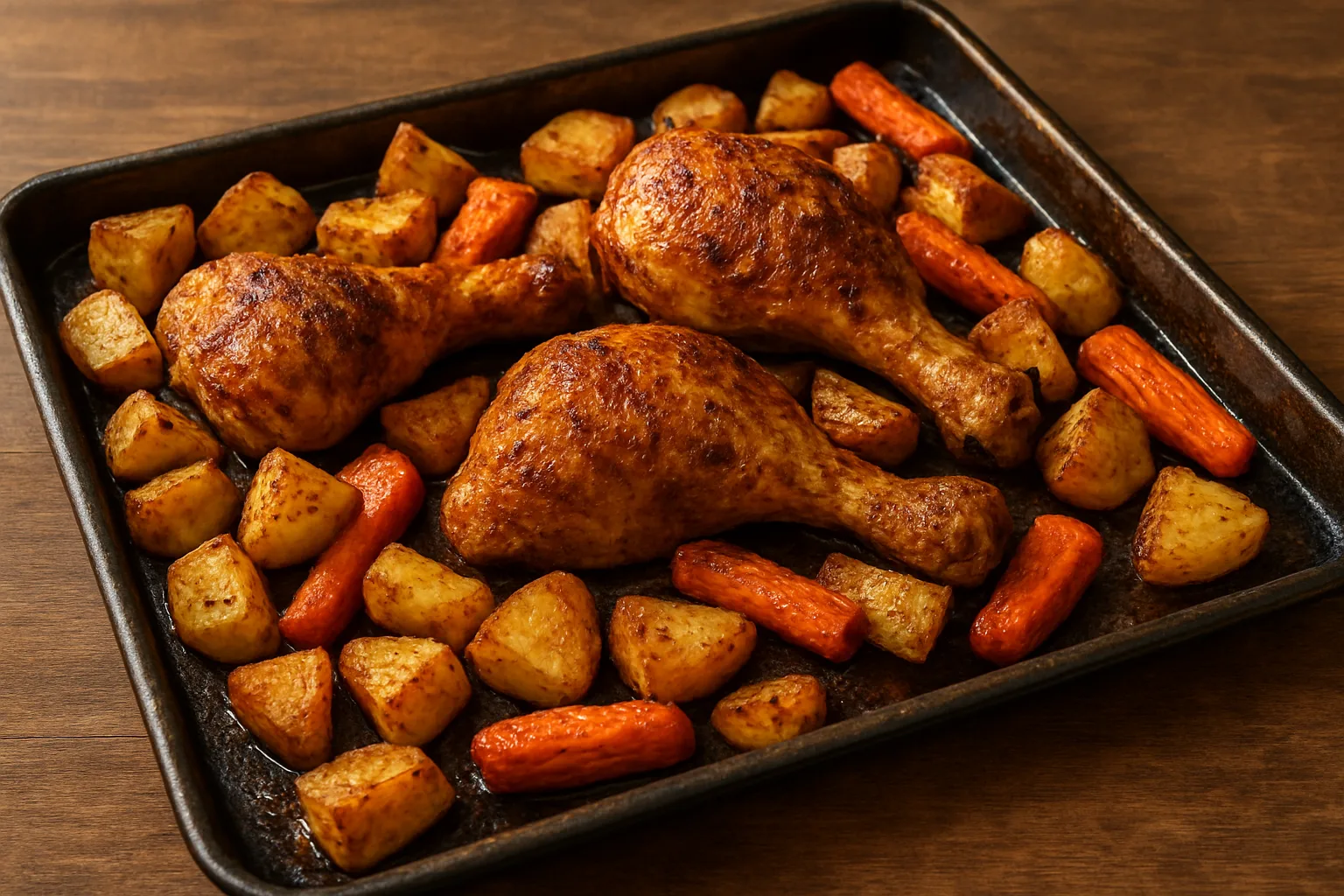 Knusprige Hähnchenschenkel aus dem Ofen mit Kartoffeln und Möhren