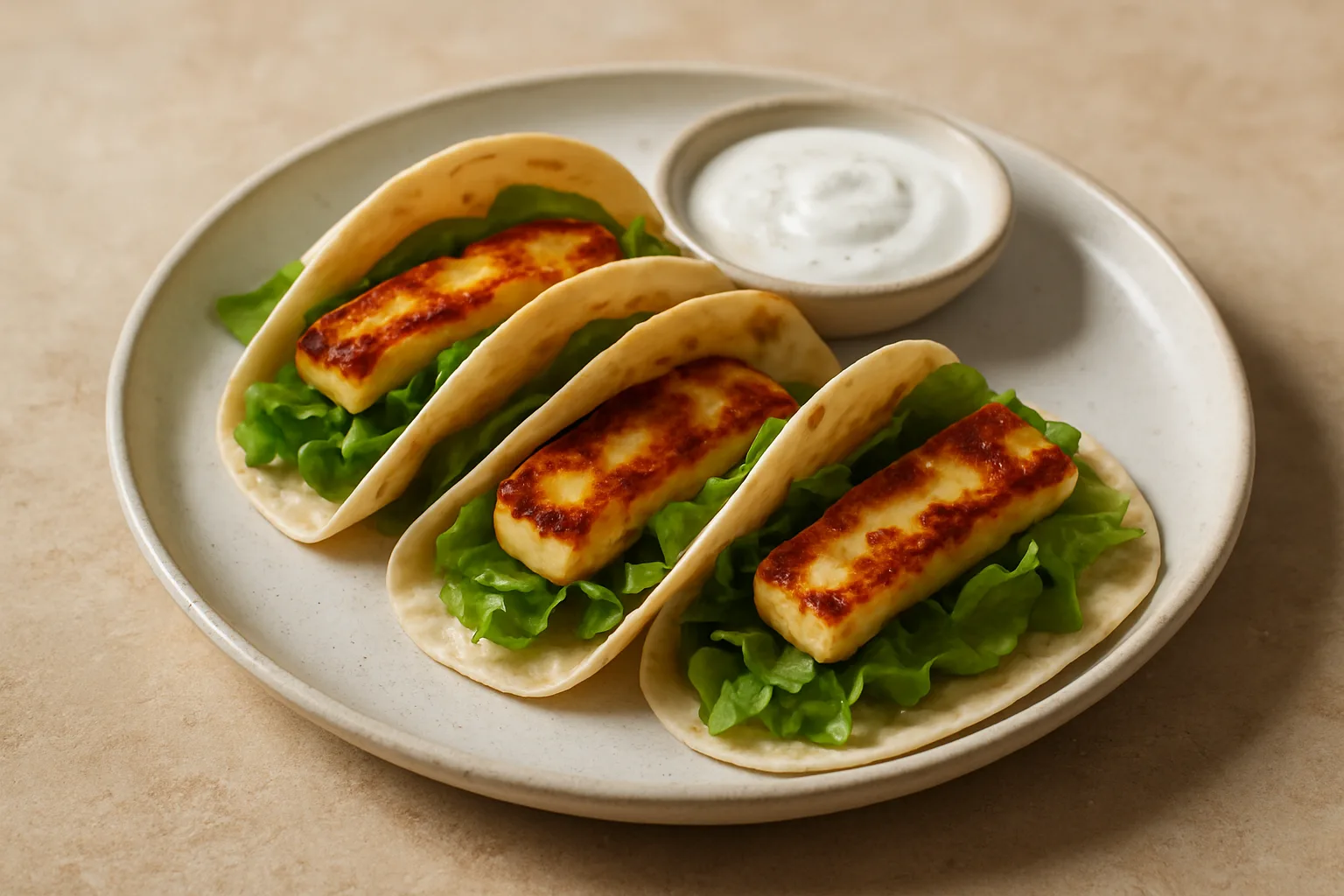 Knusprige Halloumi-Tacos mit Salat und Joghurt-Dip