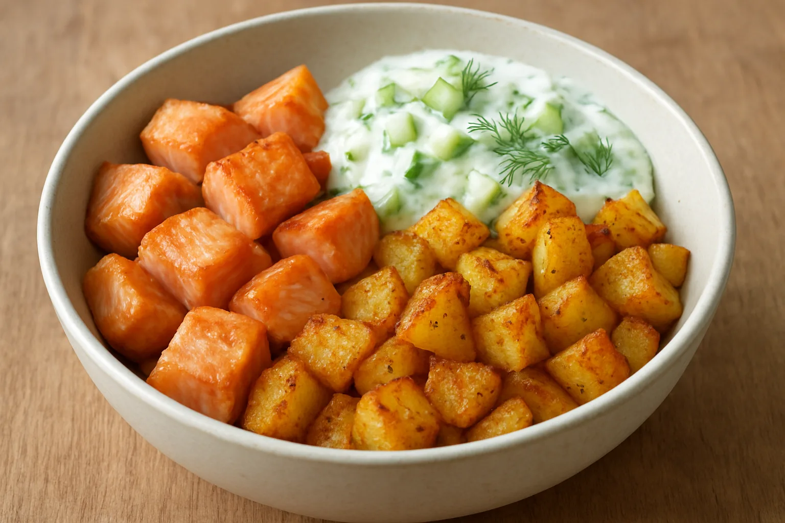 Lachs-Kartoffel-Bowl mit knusprigen Kartoffeln und Joghurt-Gurken-Dip aus dem Ninja Crispi