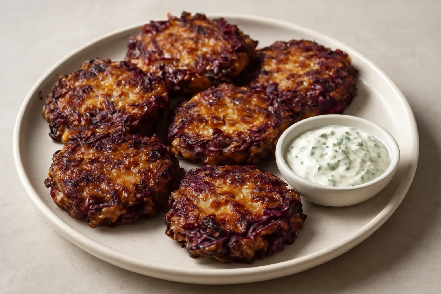 Knusprige Rotkohl-Käse-Taler mit goldbraunen Rändern und cremigem Kräuterdip