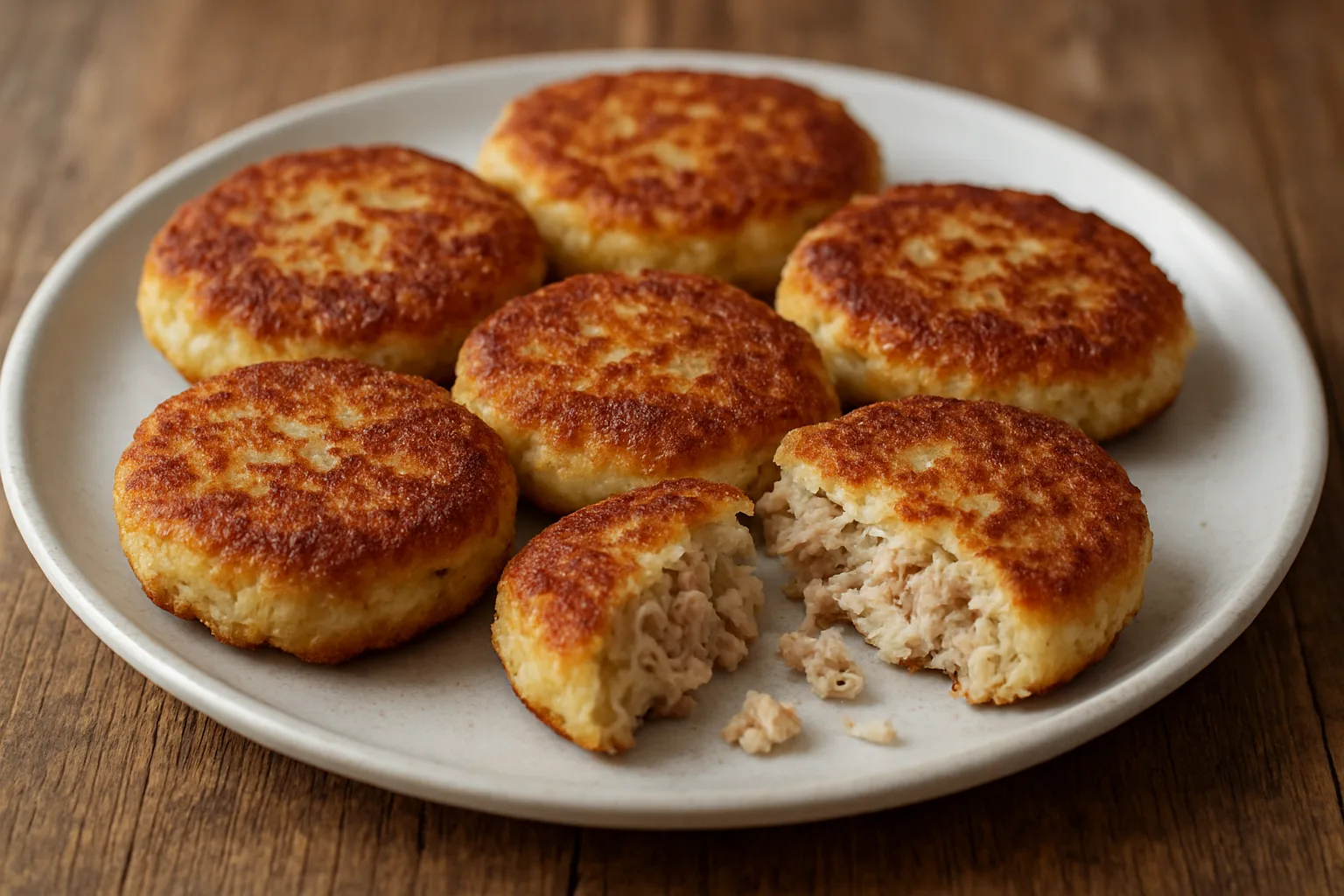 Goldbraune Thunfisch-Kartoffel-Taler auf einem hellen Keramikteller