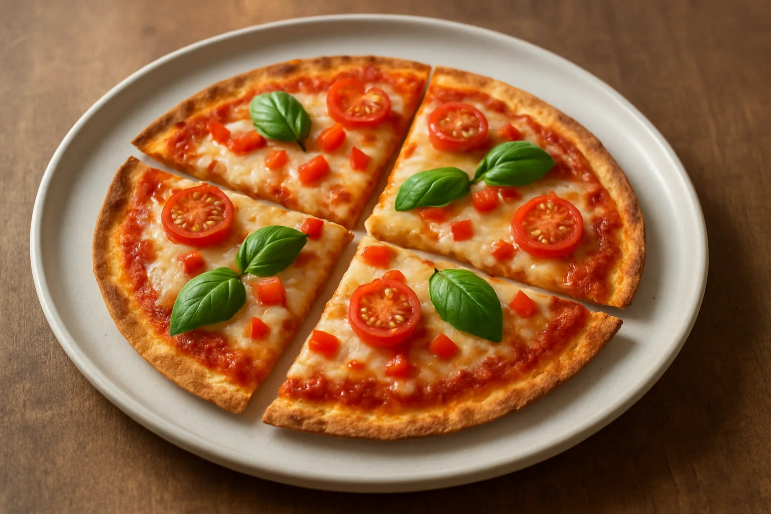 Knusprige Tortilla-Pizza aus dem Ninja Crispi mit Tomaten, Mozzarella und Basilikum