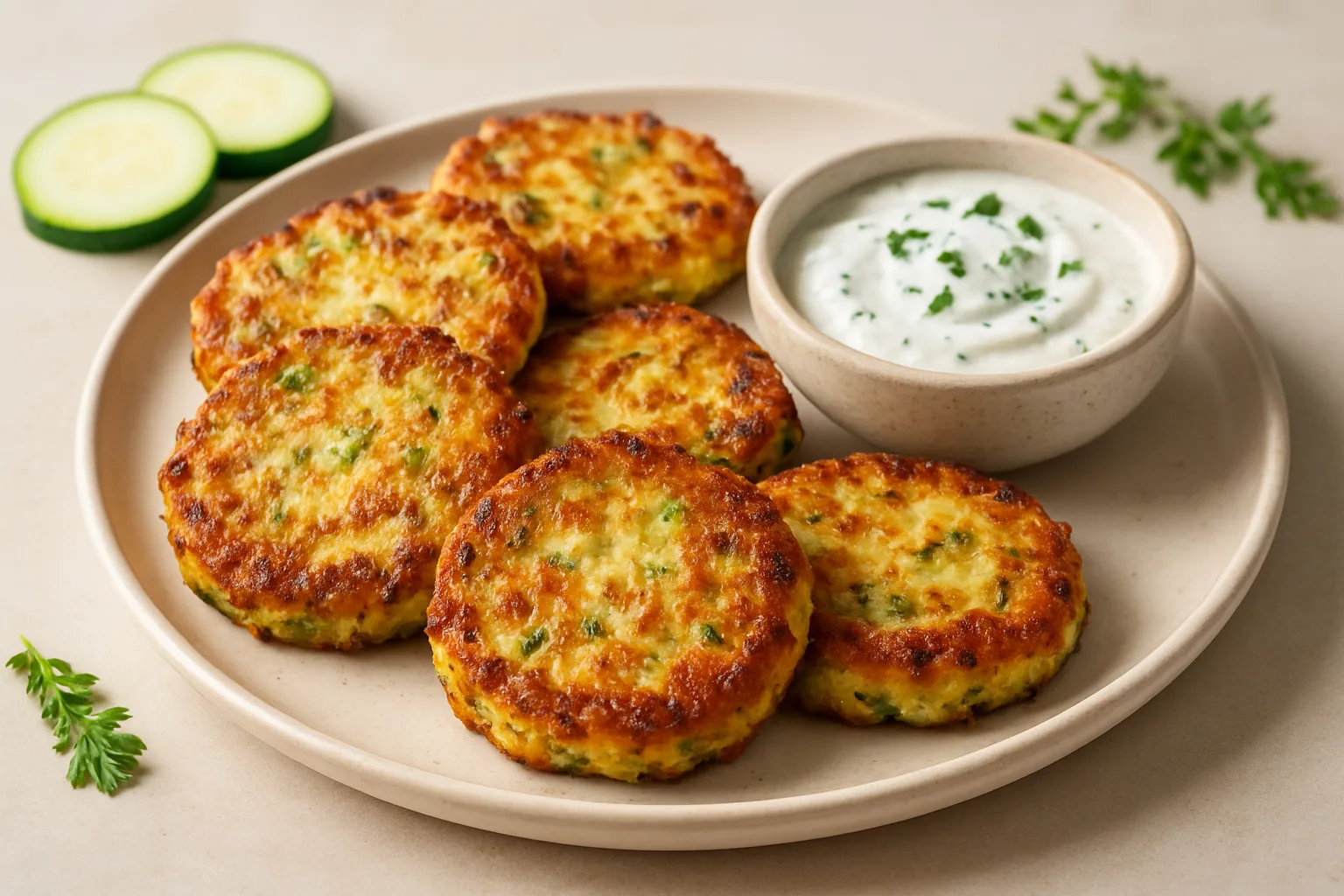 Goldbraune Zucchini-Käse-Taler aus dem Airfryer mit Kräuterdip und frischen Zucchinischeiben