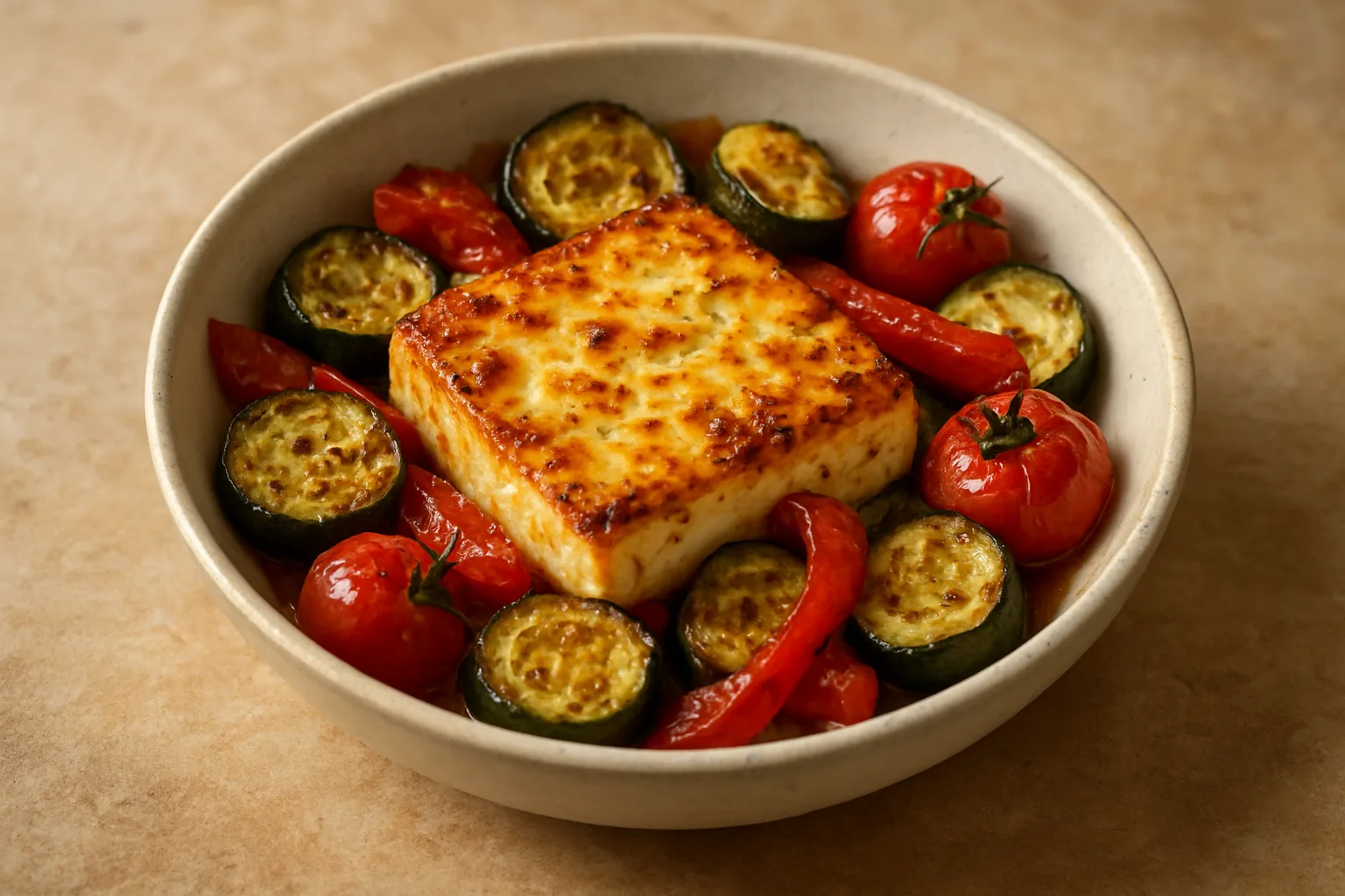 Goldbrauner Feta mit Zucchini Paprika und Kirschtomaten aus dem Ninja Crispi