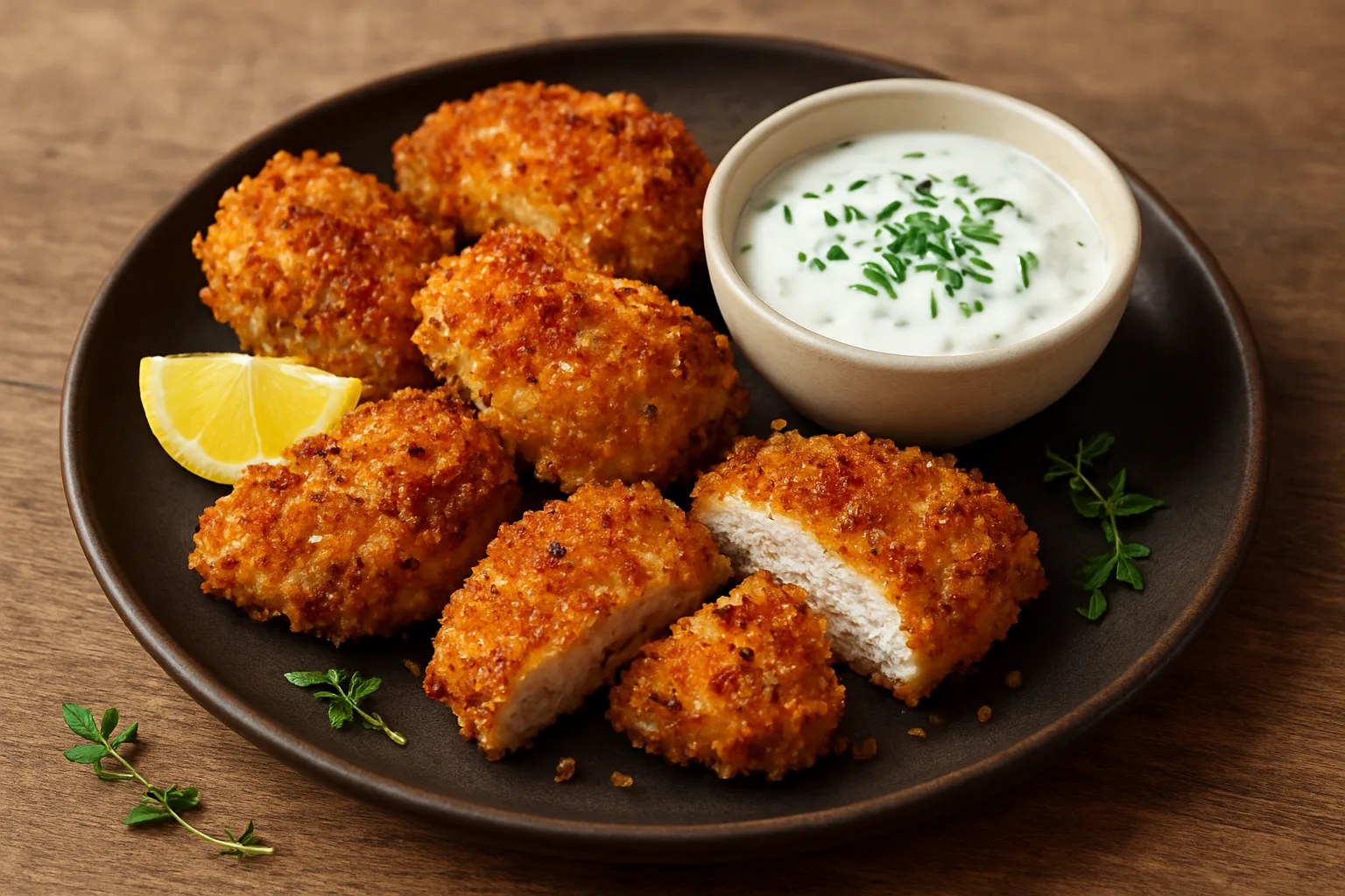 Knusprige Parmesan-Hähnchenstücke aus dem Ninja Crispi mit Joghurt-Kräuter-Dip
