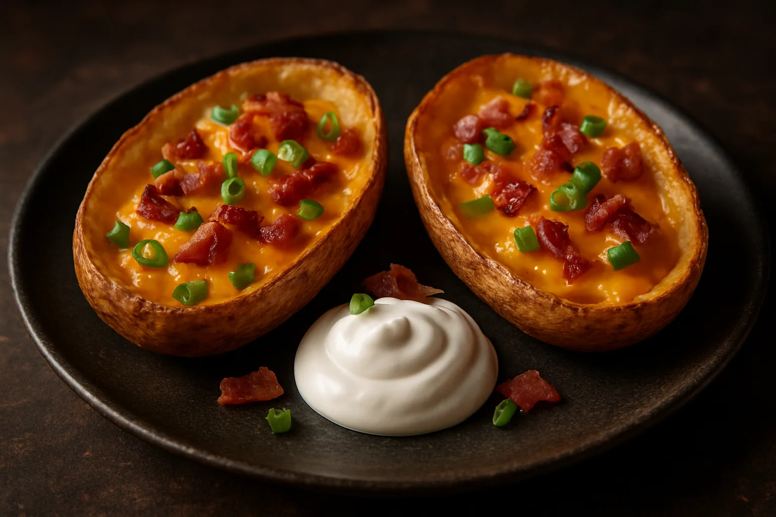 Knusprige Kartoffelschalen mit geschmolzenem Cheddar, Bacon und Frühlingszwiebeln