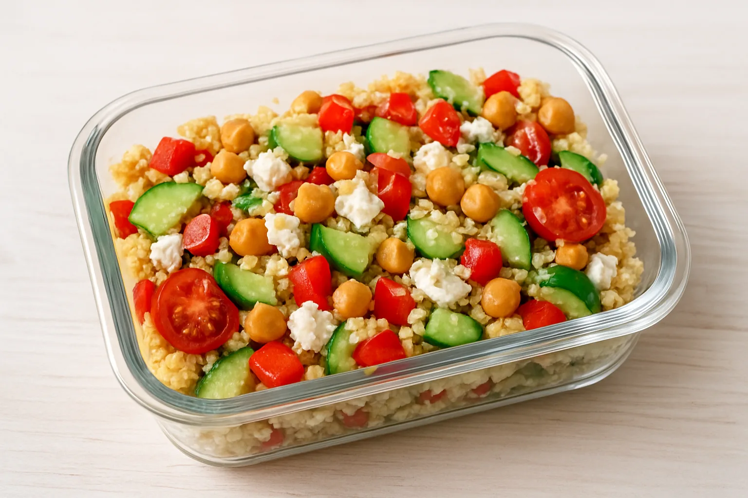 Meal-Prep Couscous-Kichererbsen-Salat mit Feta und Gemüse