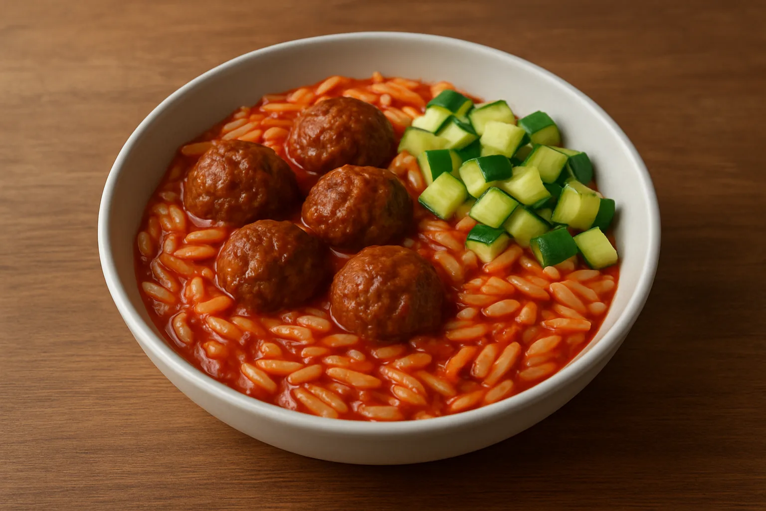 Meal-Prep Rinderhackbällchen mit Tomaten-Orzo und Zucchini