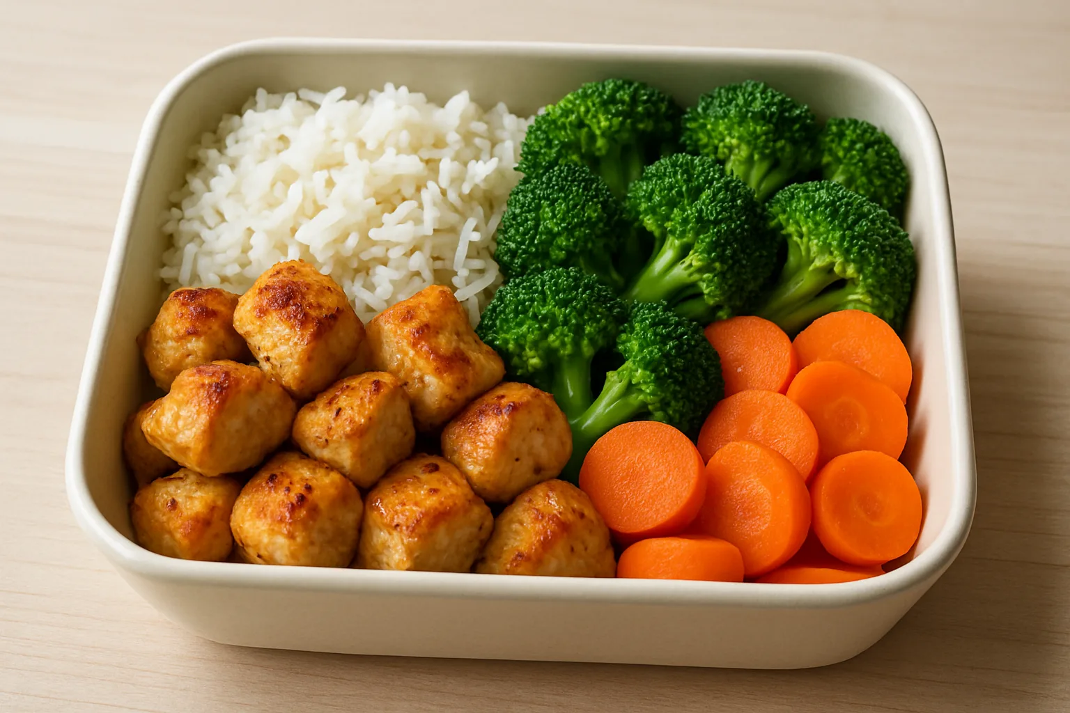 Meal-Prep Hähnchen-Reis-Bowl mit Brokkoli und Möhren