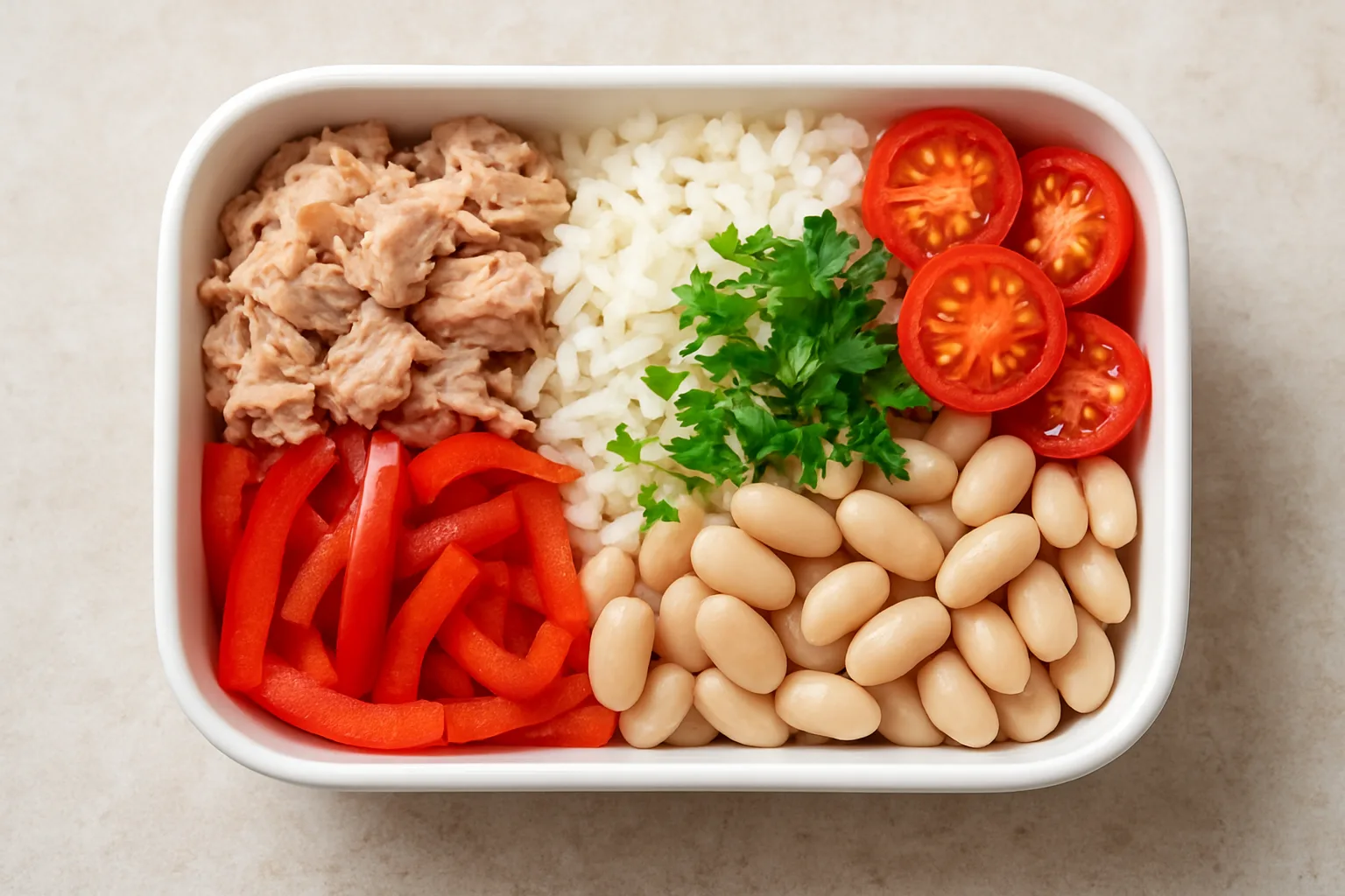 Mediterrane Meal-Prep Reis-Bowl mit Thunfisch und weißen Bohnen