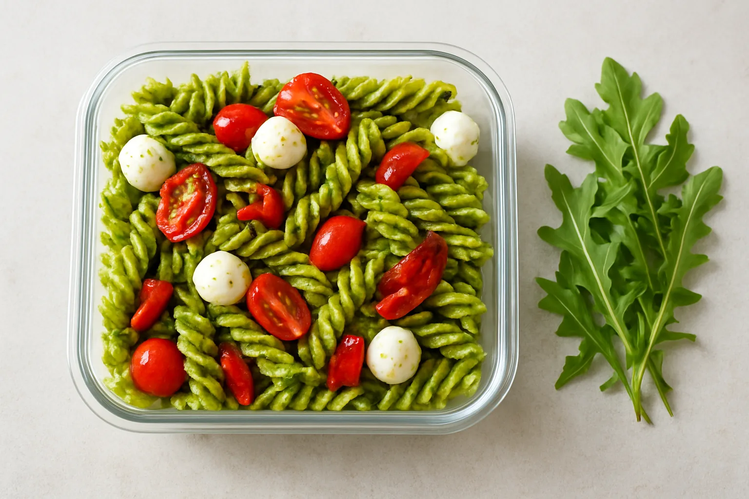 Meal-Prep Pesto-Nudelsalat mit Mozzarella Tomaten und Paprika