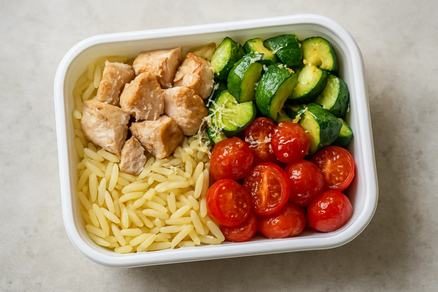 Meal-Prep Puten-Orzo mit Zucchini und Tomaten