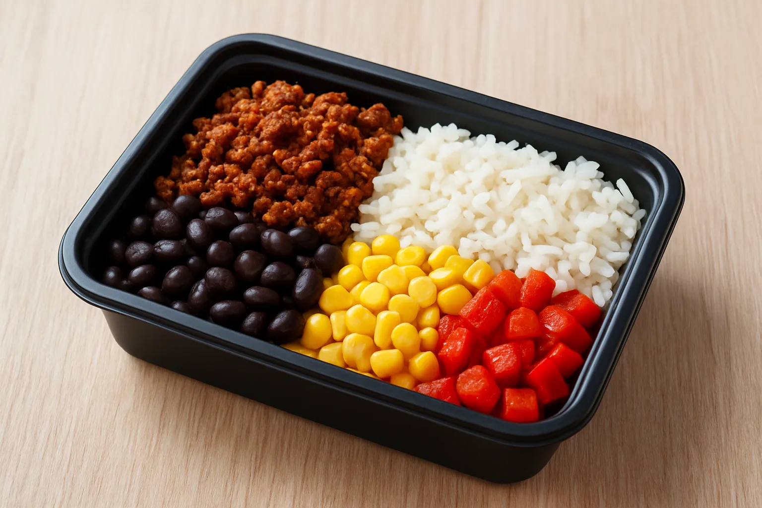 Meal-Prep Burrito-Bowl mit Rinderhack Reis Bohnen und Mais