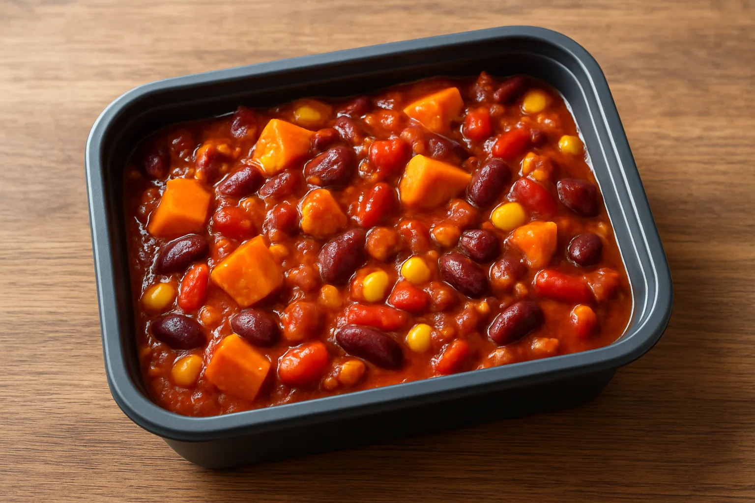 Meal-Prep Süßkartoffel-Bohnen-Chili mit Mais und Paprika