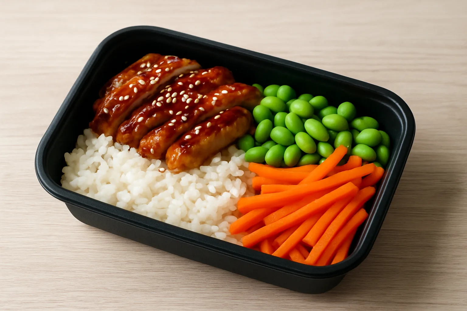 Meal-Prep Teriyaki-Hähnchen mit Reis Edamame und Möhren