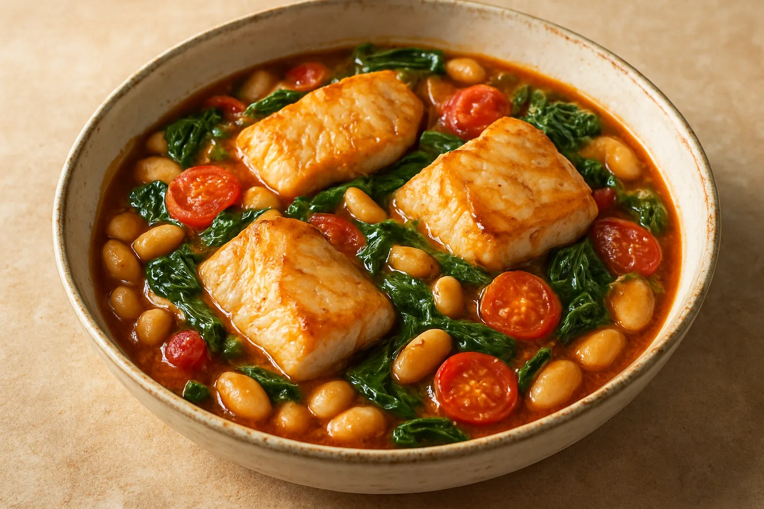 Mediterrane Fischpfanne mit weißen Bohnen Tomaten und Spinat