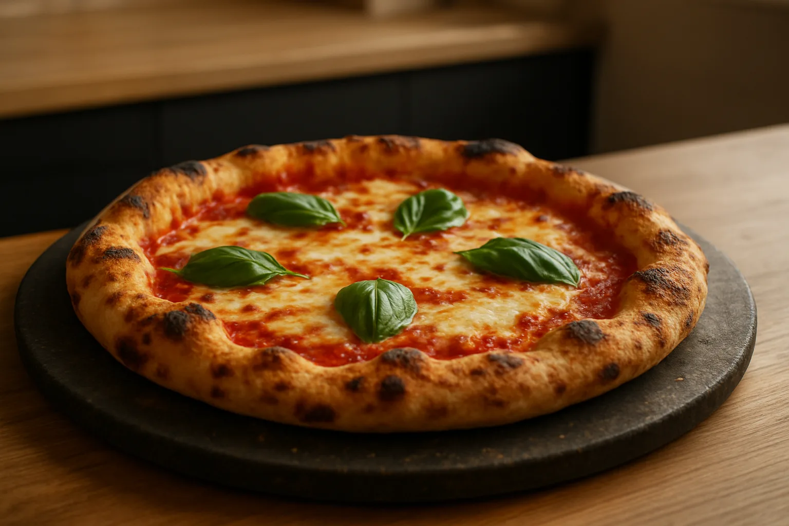 Luftige Pizza mit kräftig gebräuntem Rand auf einem heißen Pizzastein mit Tomatensauce und Basilikum