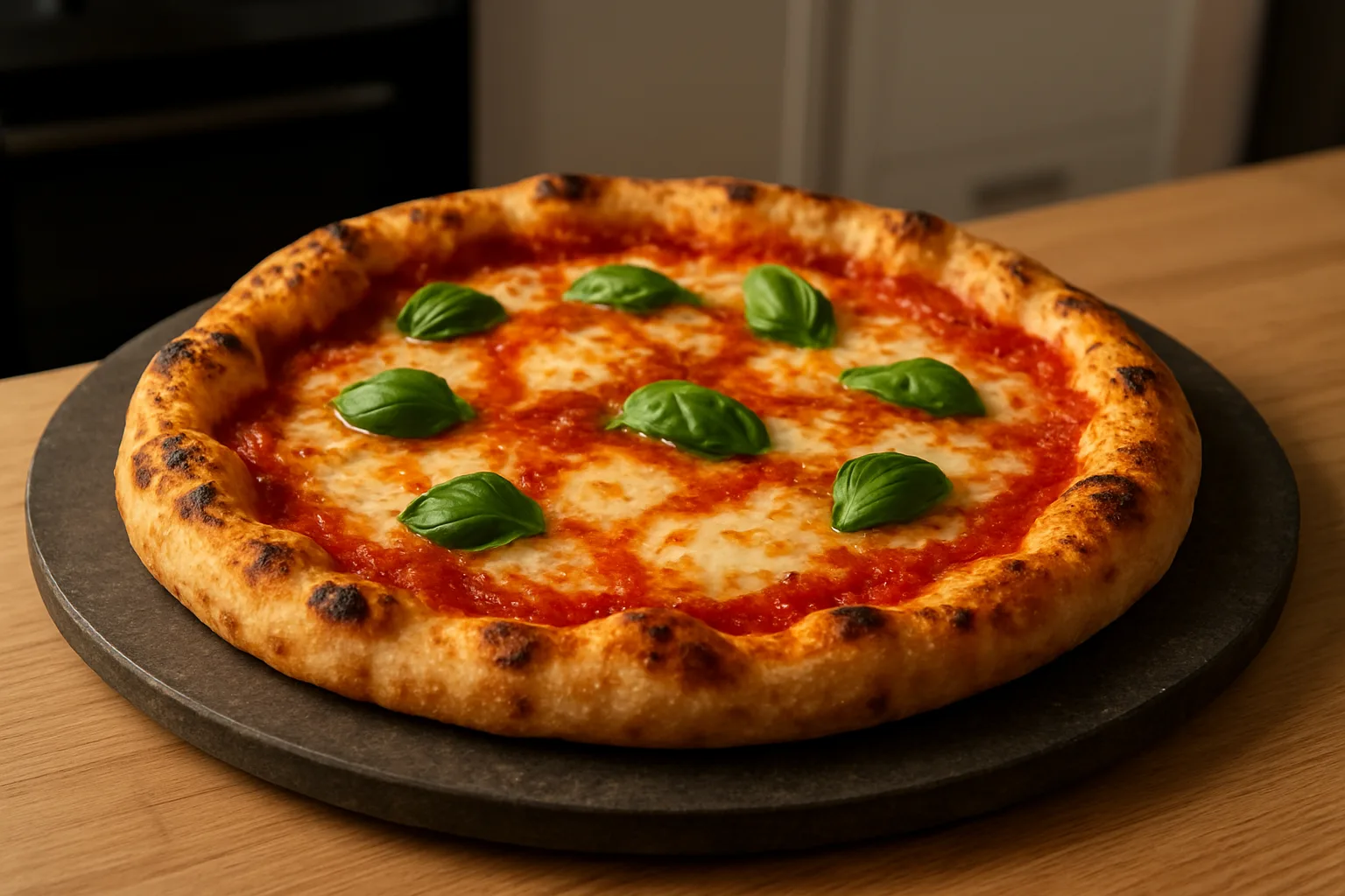 Pizza aus schnellem Master-Pizzateig mit luftigem gebräuntem Rand und Tomatensauce auf einem Pizzastein