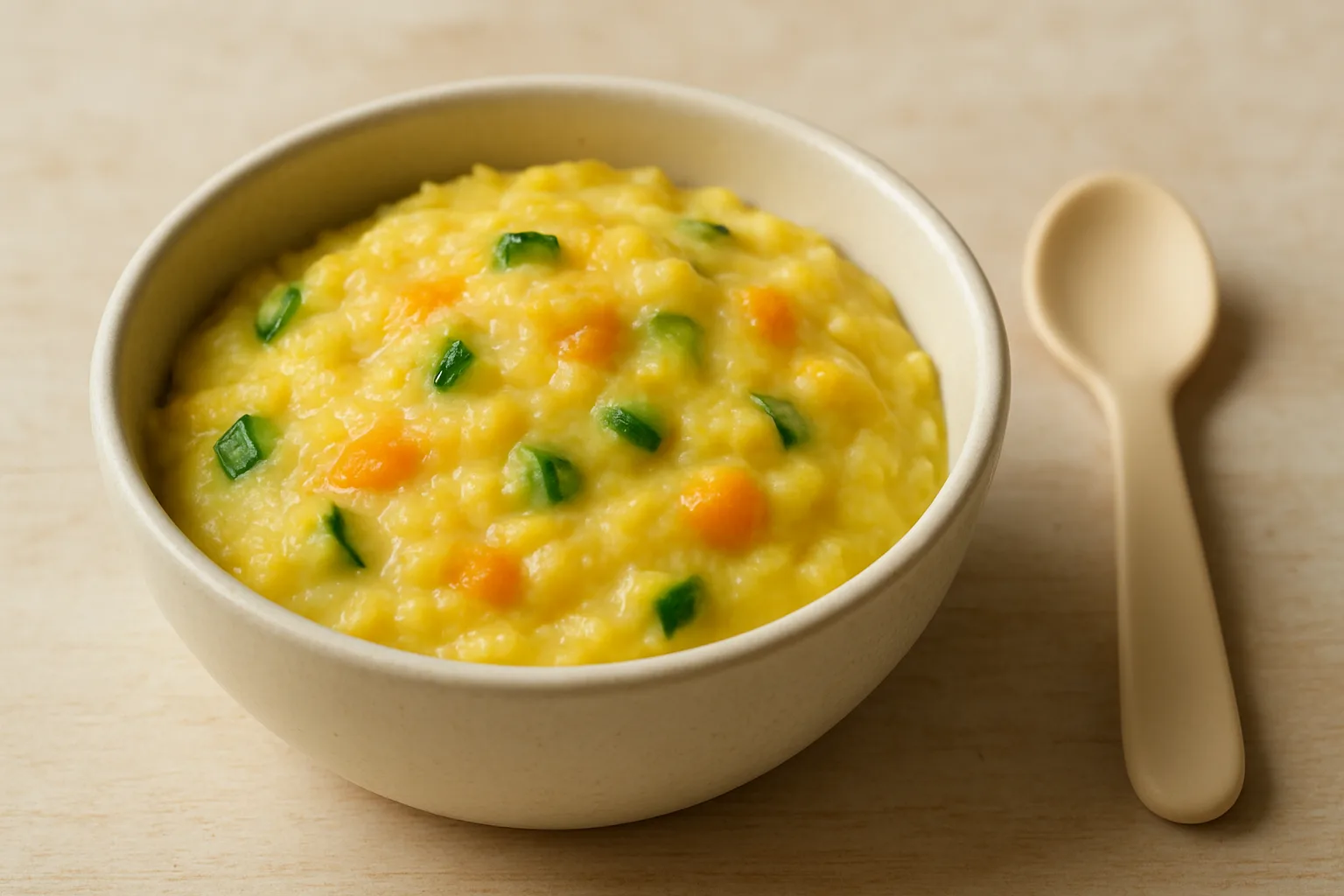 Cremige Gemüse-Käse-Polenta mit Zucchini und Möhre für Kleinkinder in einer hellen Schale