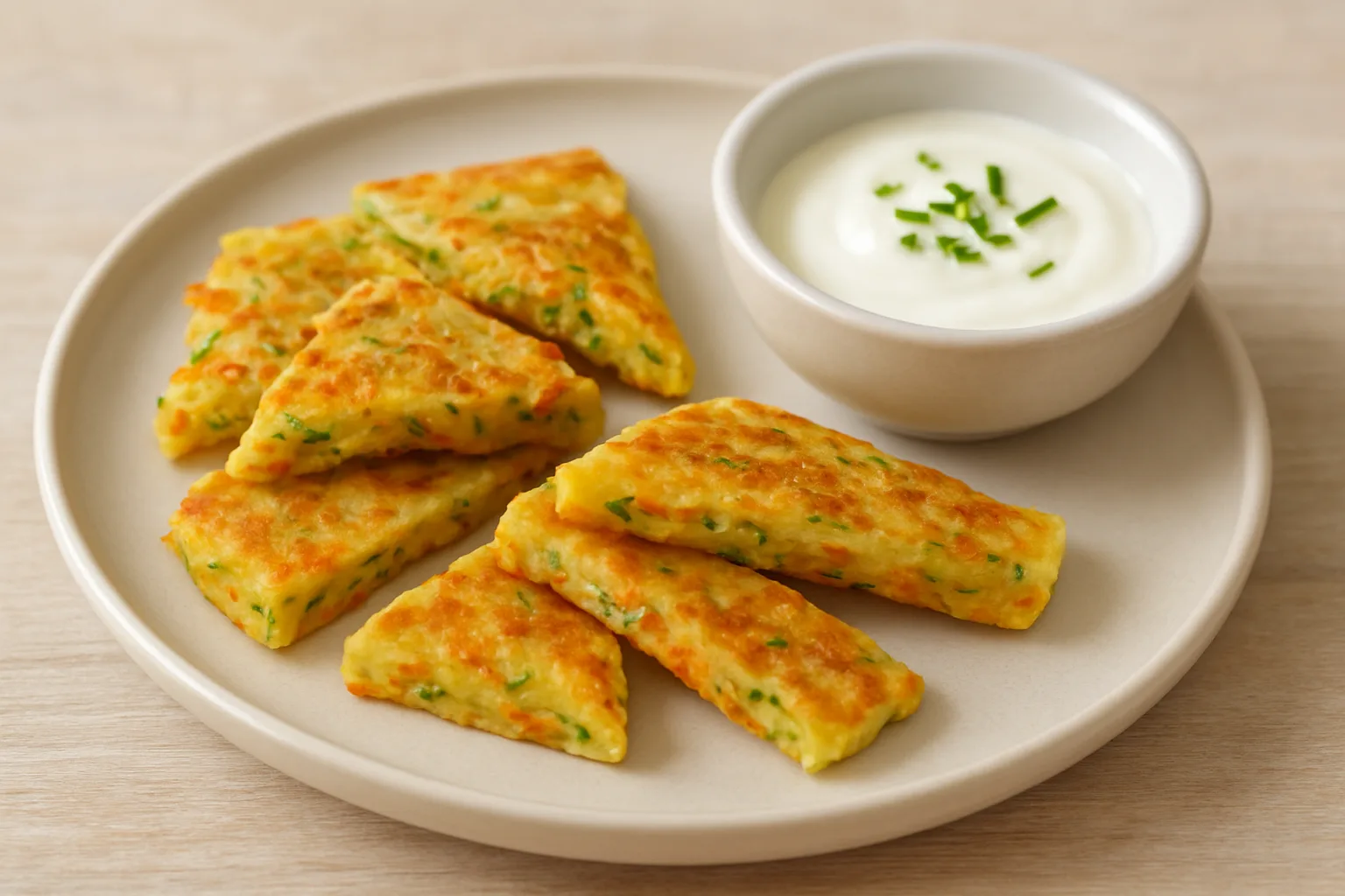 Weiche Gemüse-Pfannkuchen mit Zucchini und Möhre sowie mildem Joghurt-Dip für Kleinkinder