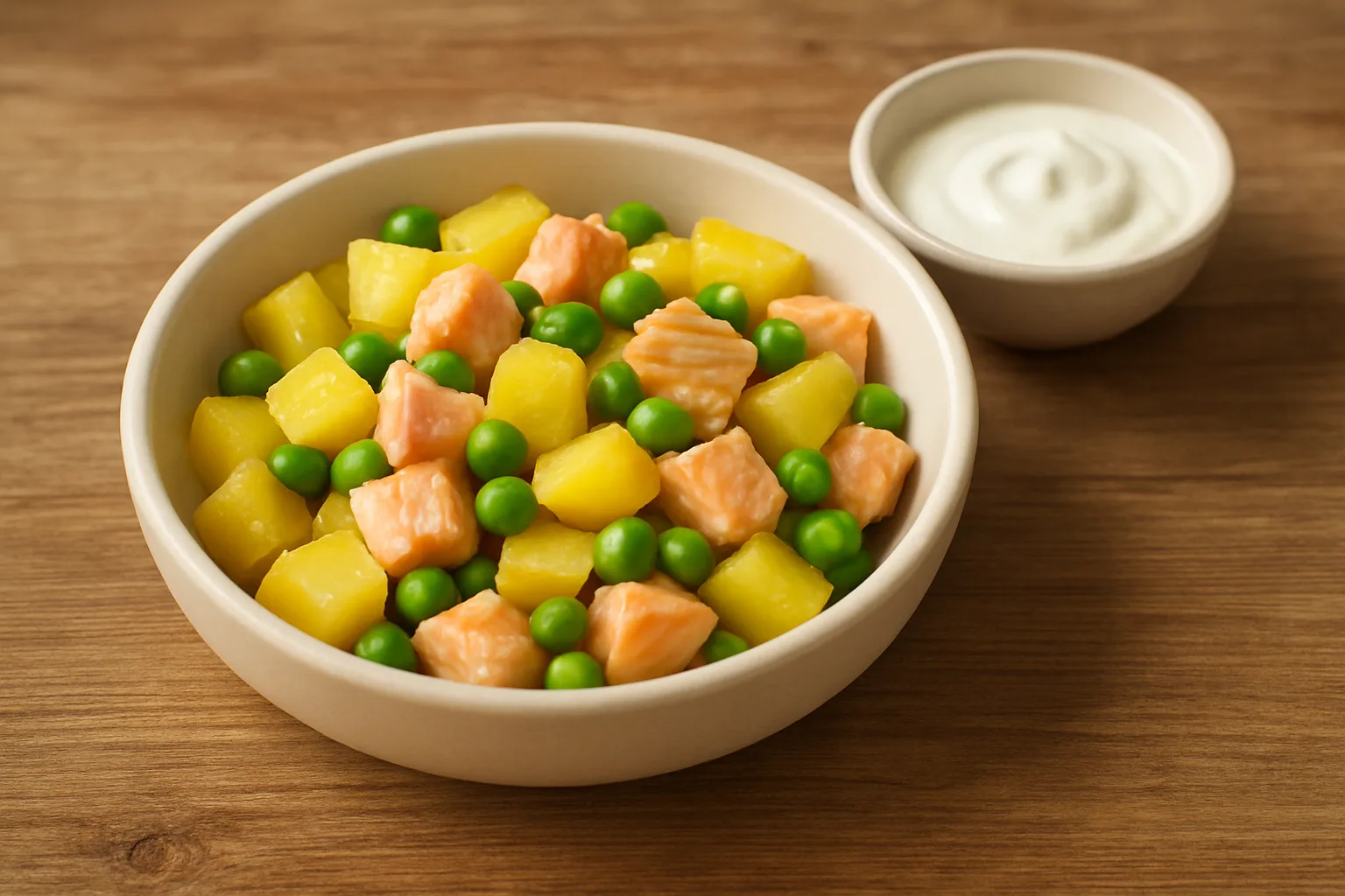 Milde Lachs-Kartoffel-Pfanne mit Erbsen für Kleinkinder