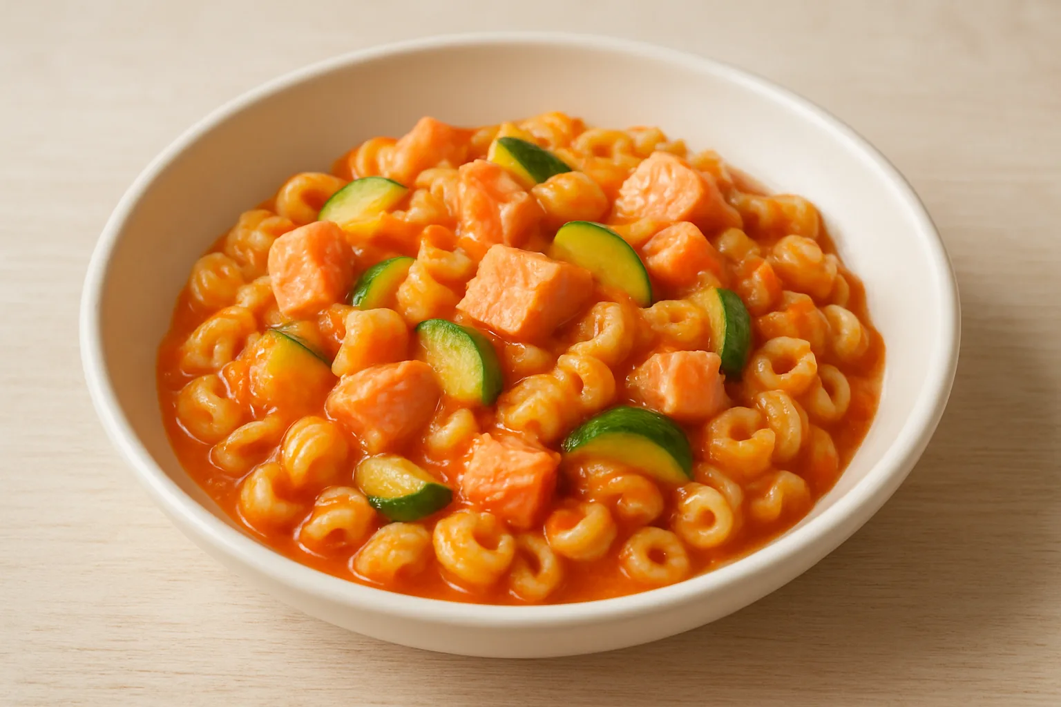 Milde Lachs-Tomaten-Pasta mit Zucchini für Kleinkinder