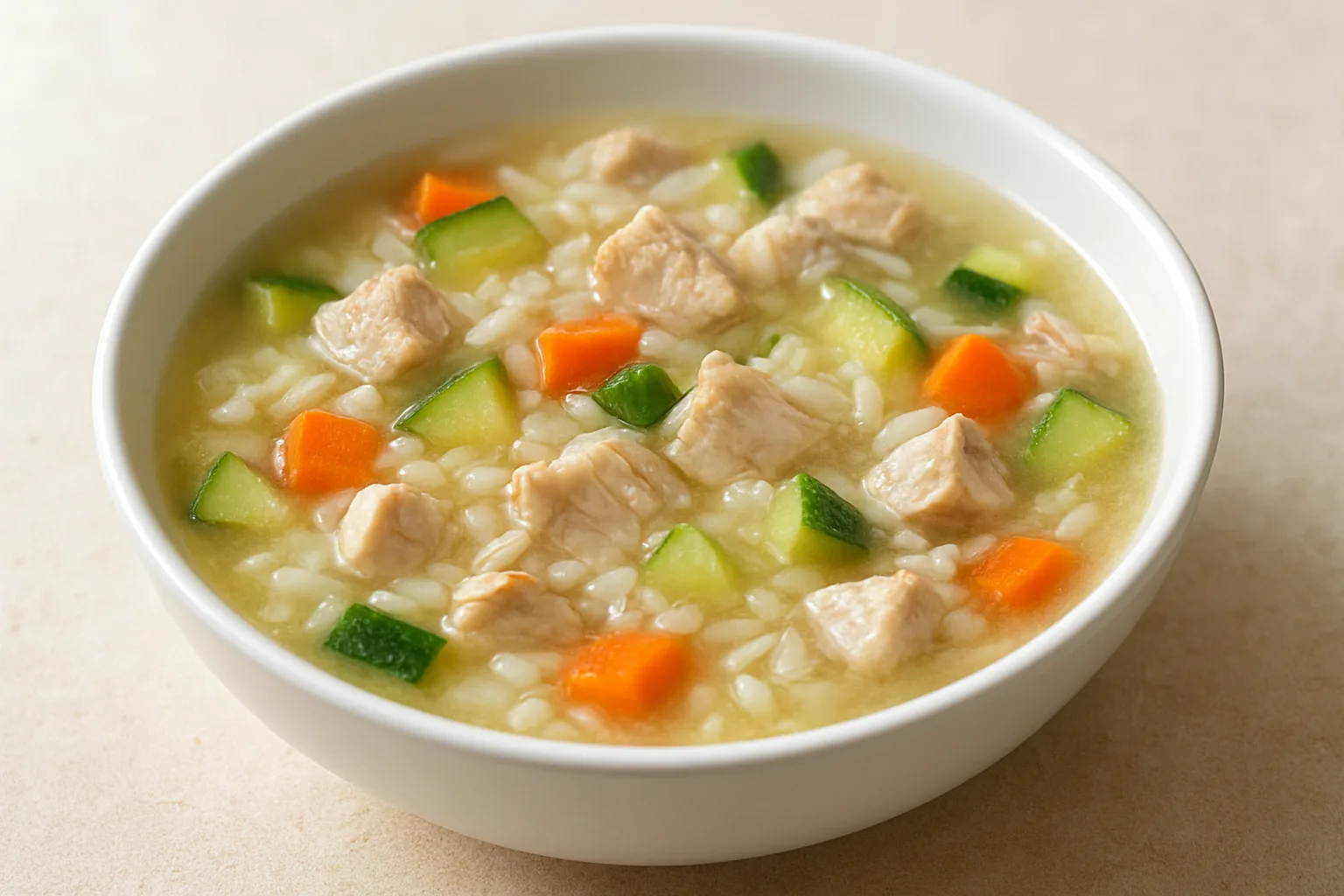 Milde Puten-Reis-Suppe mit Möhre und Zucchini