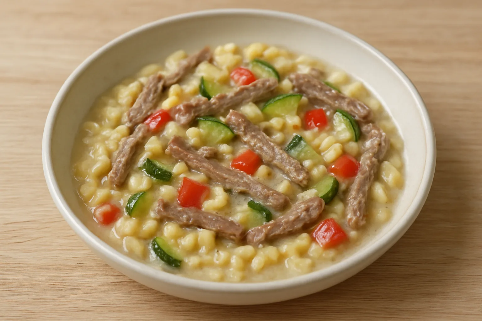 Milde Rindfleisch-Gemüse-Nudeln mit Paprika und Zucchini für Kleinkinder