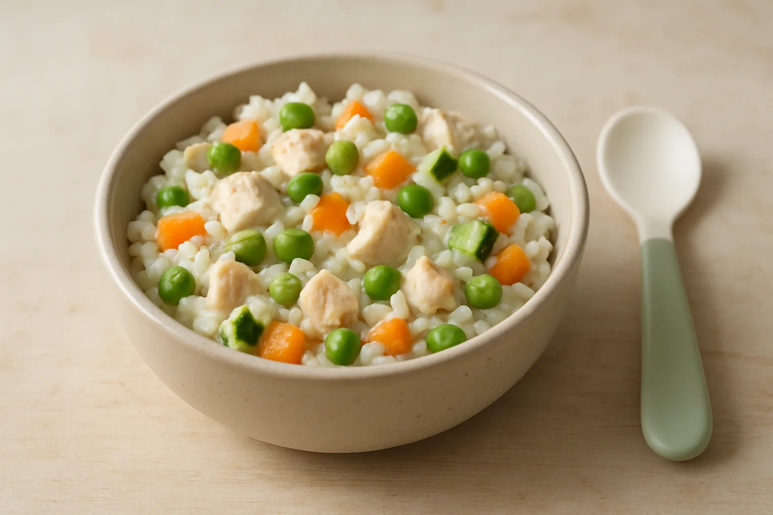 Milder Hähnchen-Reis-Topf mit Erbsen, Möhre und Zucchini für Kleinkinder