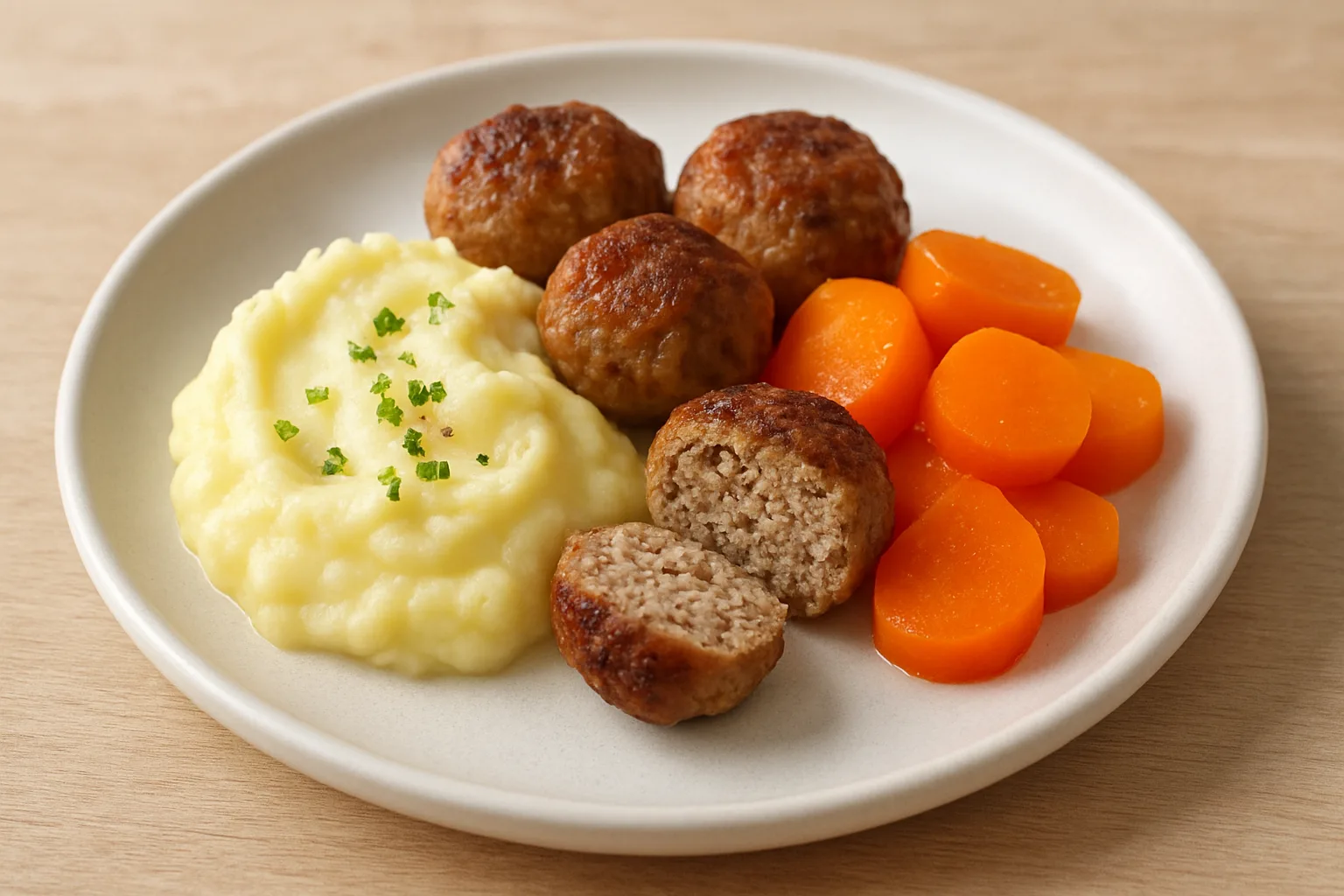 Weiche Mini-Hackbällchen mit Kartoffelpüree und Möhren für Kleinkinder auf einem hellen Teller