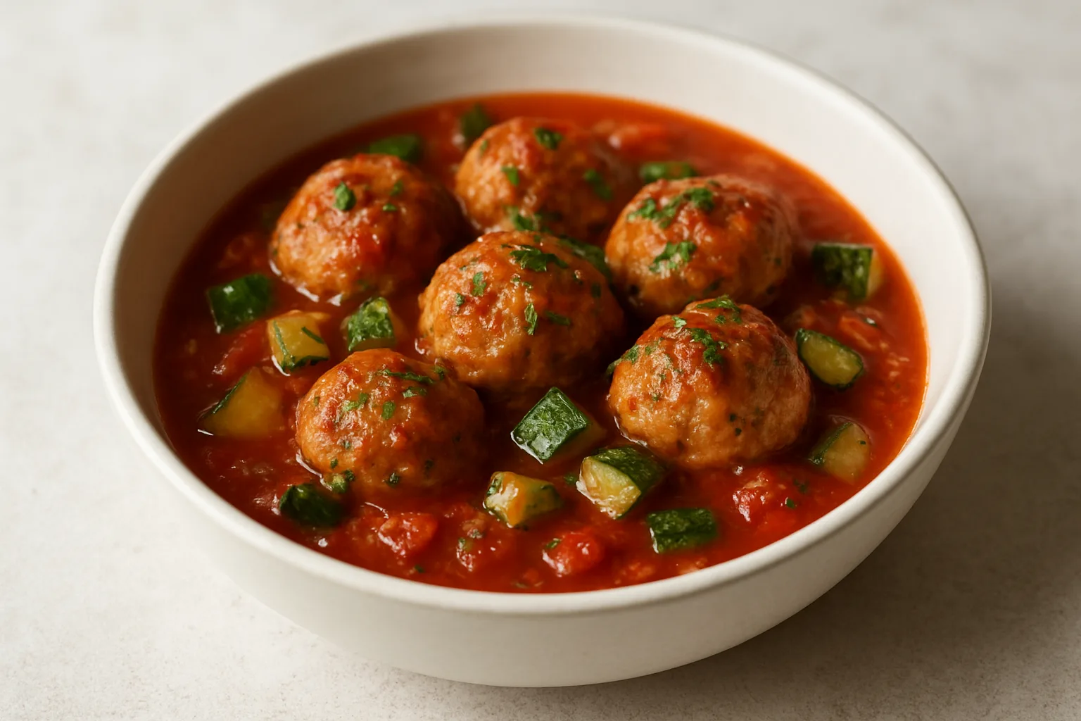Mini-Putenbällchen in leichter Tomaten-Zucchini-Sauce in einer kleinen Schale