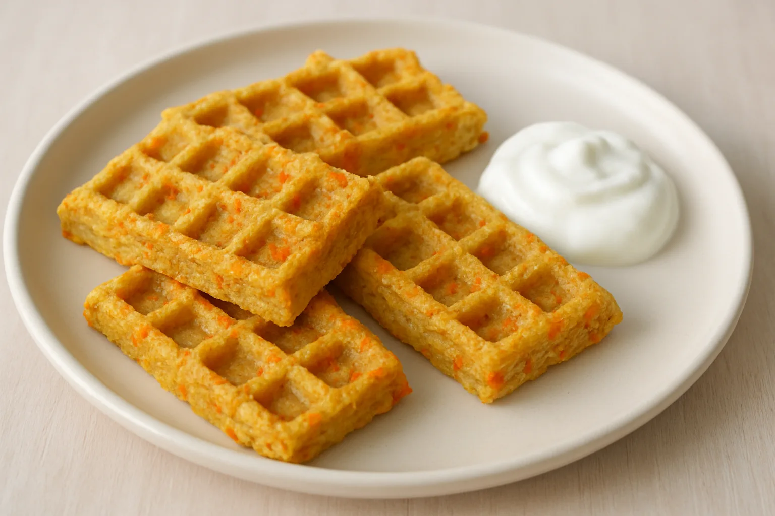 Weiche Möhren-Hafer-Waffeln mit Naturjoghurt für Kleinkinder ab 12 Monaten