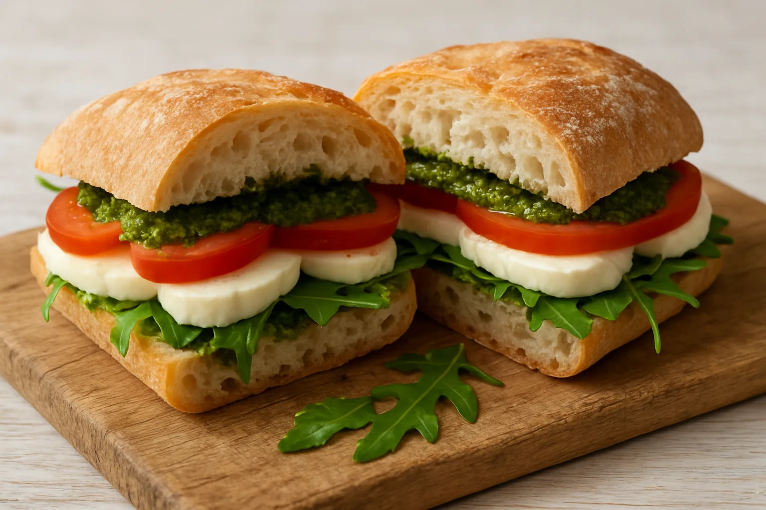 Mozzarella-Pesto-Ciabatta mit Tomaten und Rucola