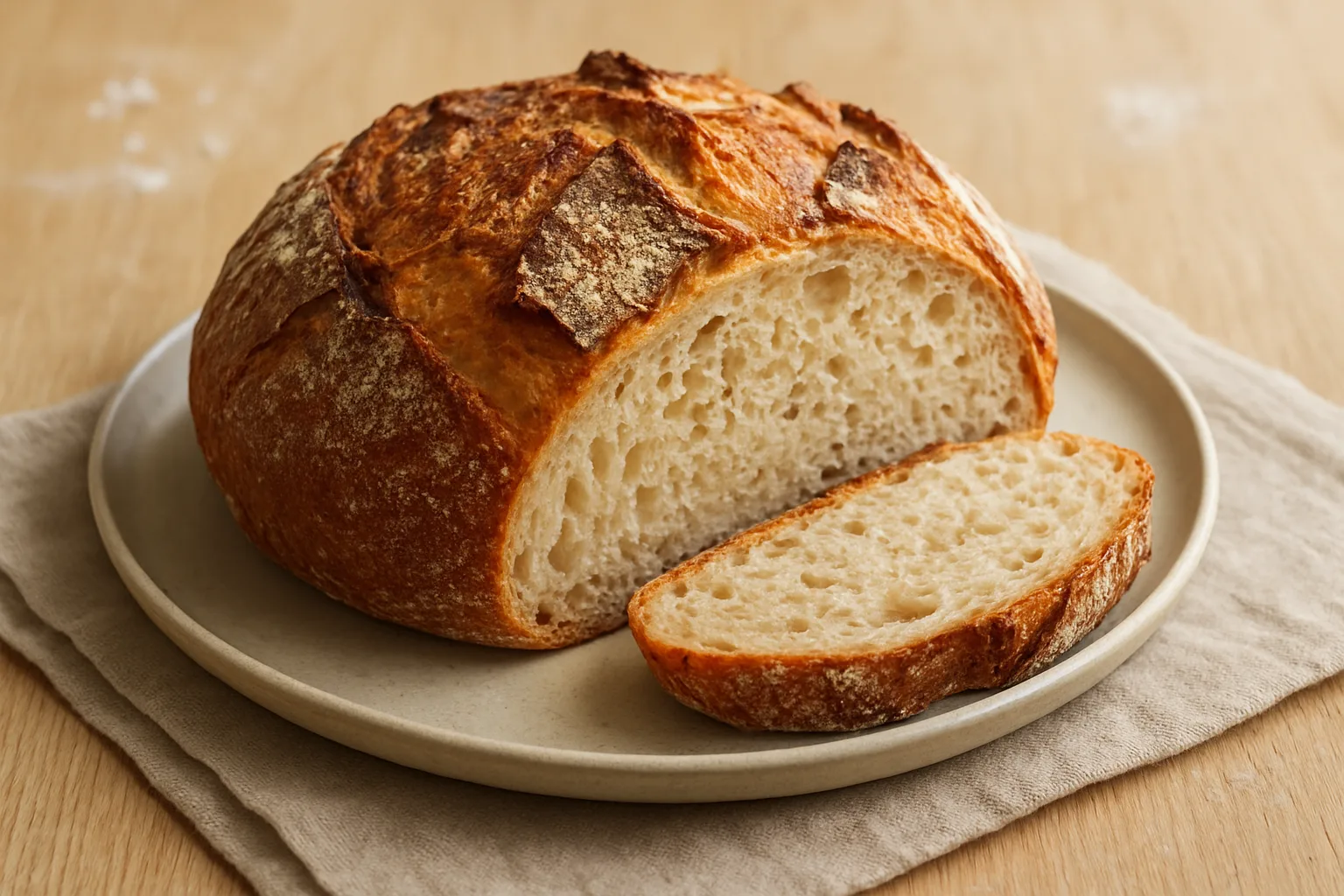 Rundes Ninja Foodi Bauernbrot mit rustikaler Kruste und angeschnittener saftiger Krume