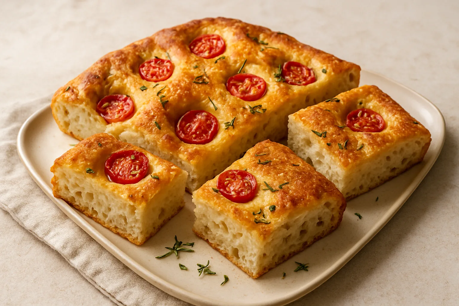 Goldbraune Ninja Foodi Focaccia mit Kirschtomaten und frischen Kräutern