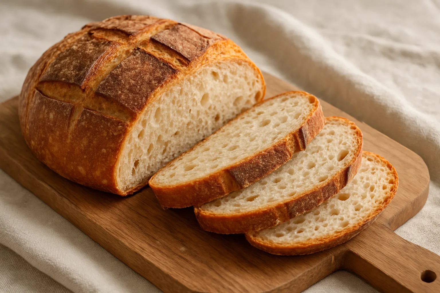 Goldbraunes Buttermilchbrot mit lockerer saftiger Krume auf einem Holzbrett