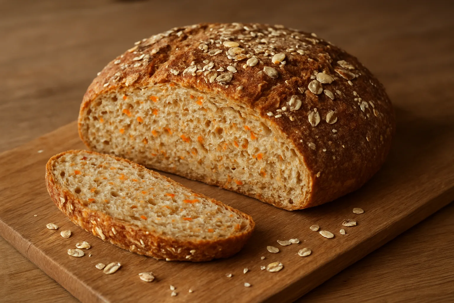 Saftiges Hafer-Möhren-Brot mit orangefarbenen Möhrenraspeln und Haferflocken