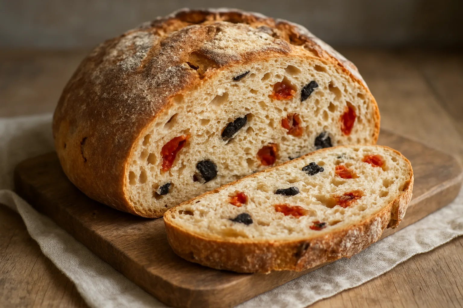 Mediterranes Tomaten-Oliven-Brot mit sichtbaren Tomaten- und Olivenstücken