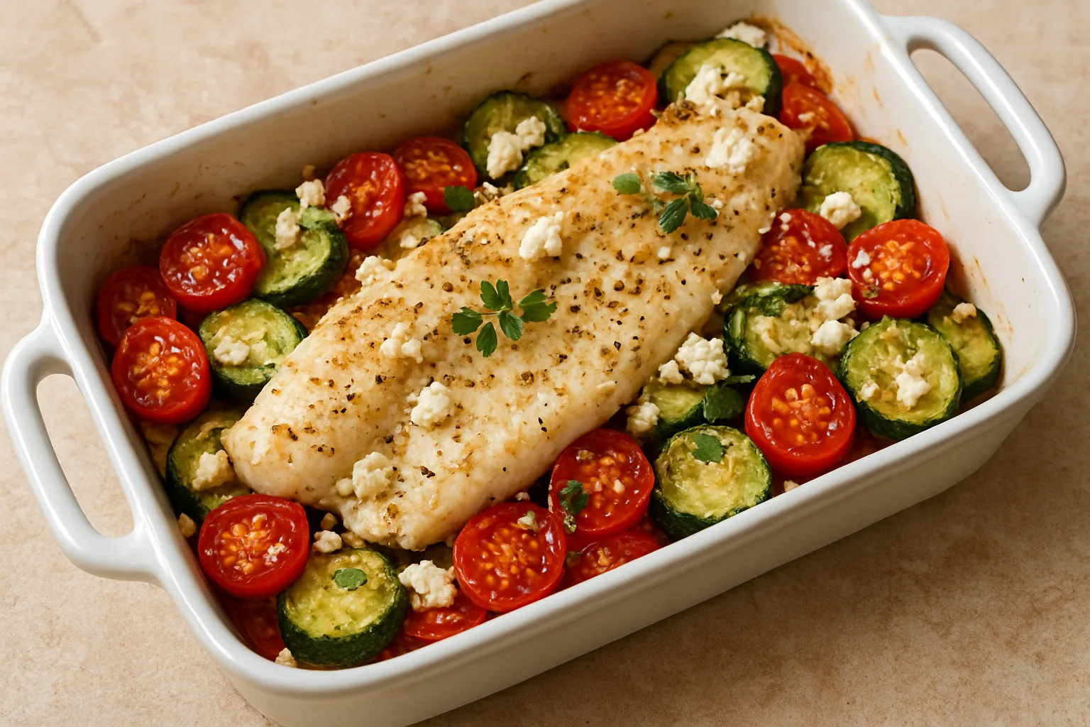 Mediterraner Ofenfisch mit Tomaten Zucchini und Feta
