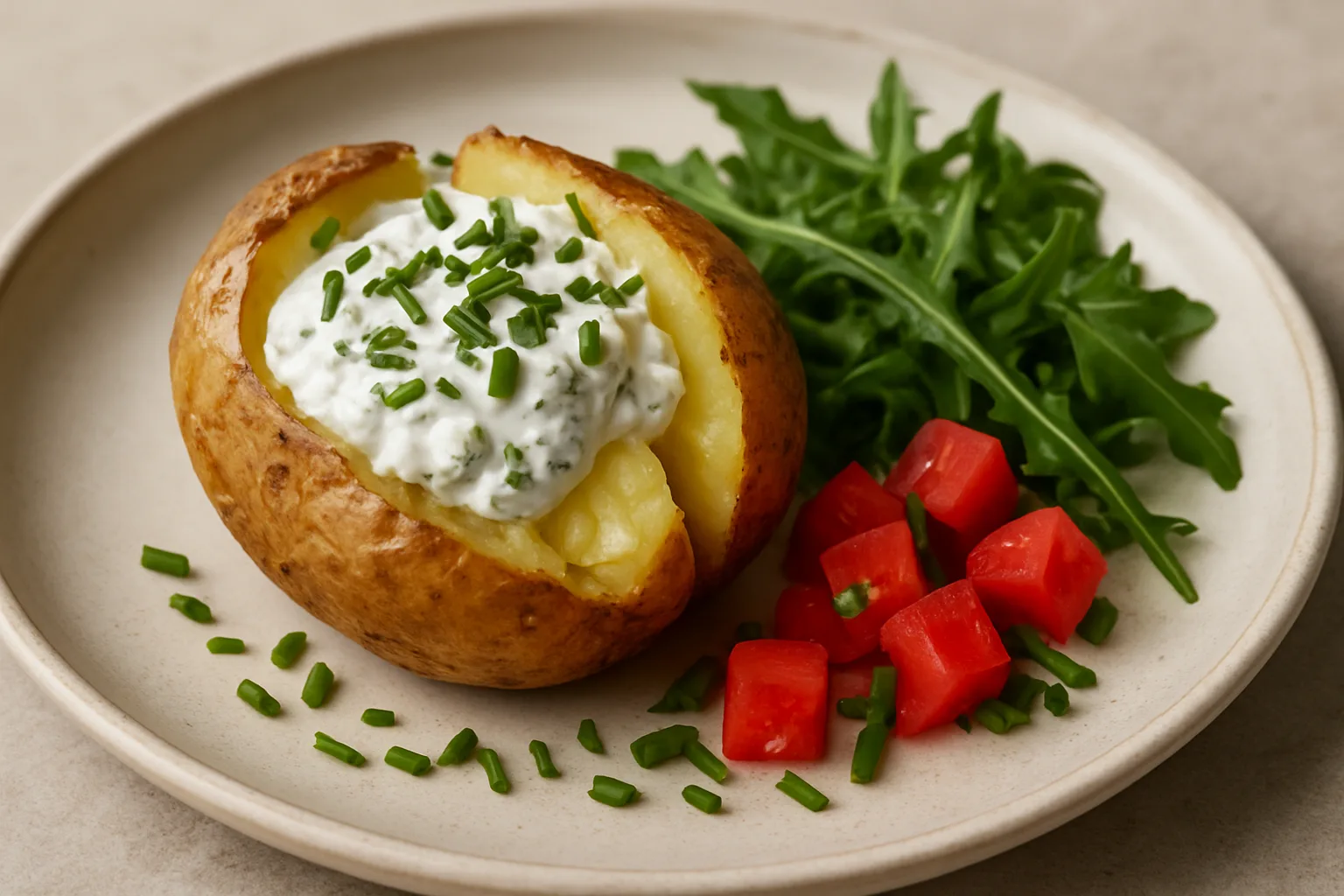 Gebackene Kartoffel mit cremigem Kräuterquark, Rucola und frischen Tomaten