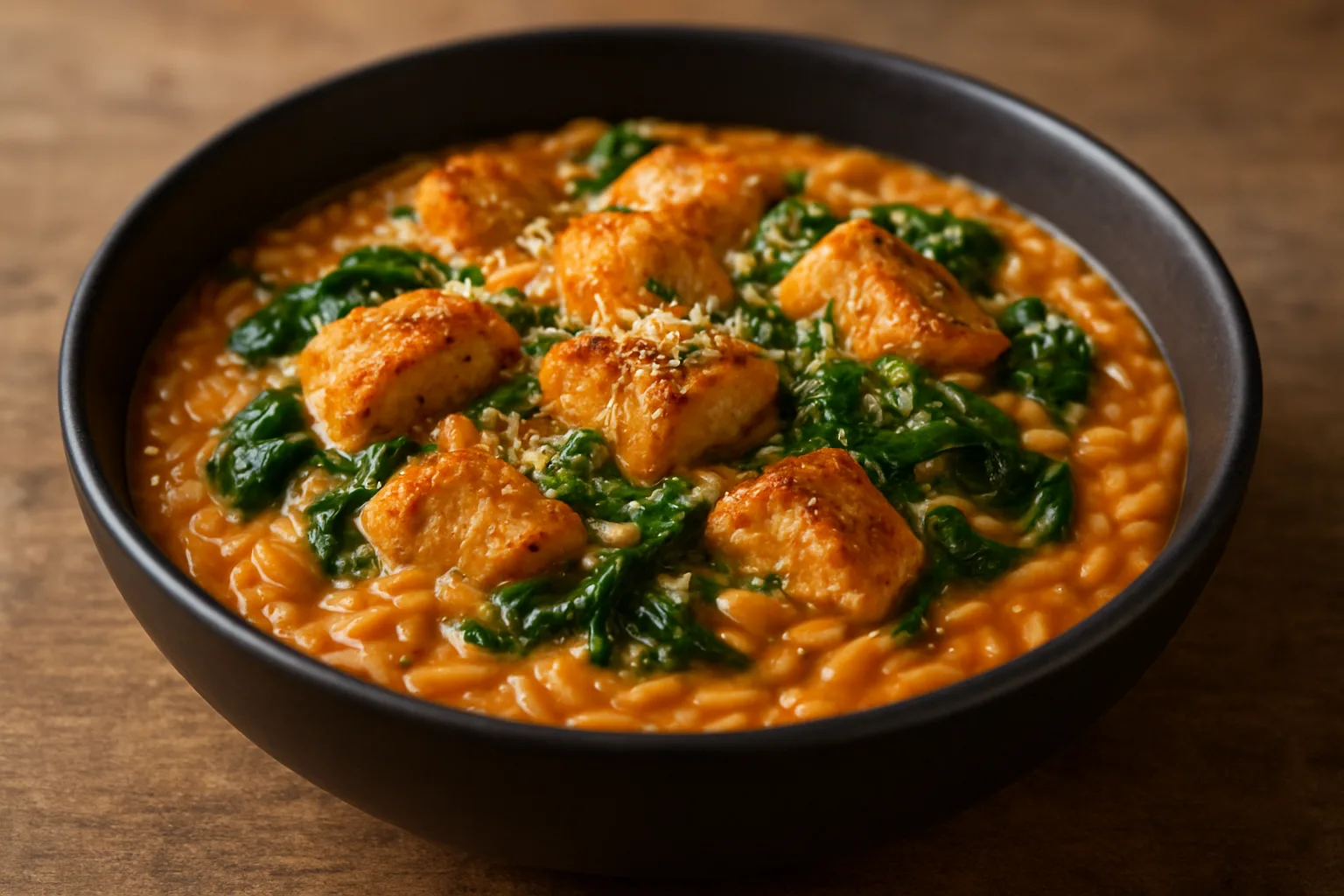 Cremiger Hähnchen-Orzo mit Spinat und Tomaten aus dem Ninja Foodi PossibleCooker in einer dunklen Schale