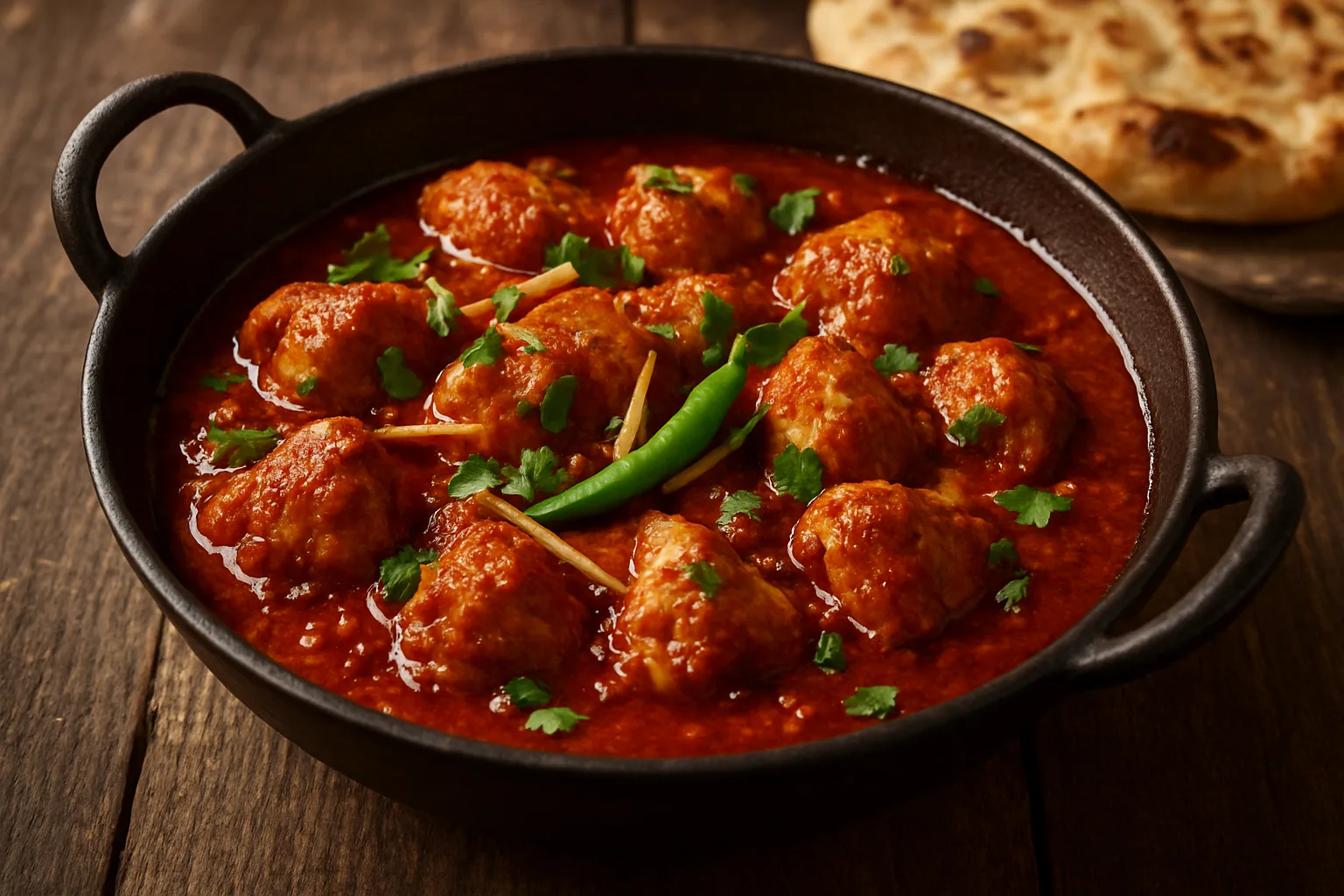 Pakistanisches Chicken Karahi mit Hähnchen, Tomaten, grünen Chilis, Ingwer und frischem Koriander