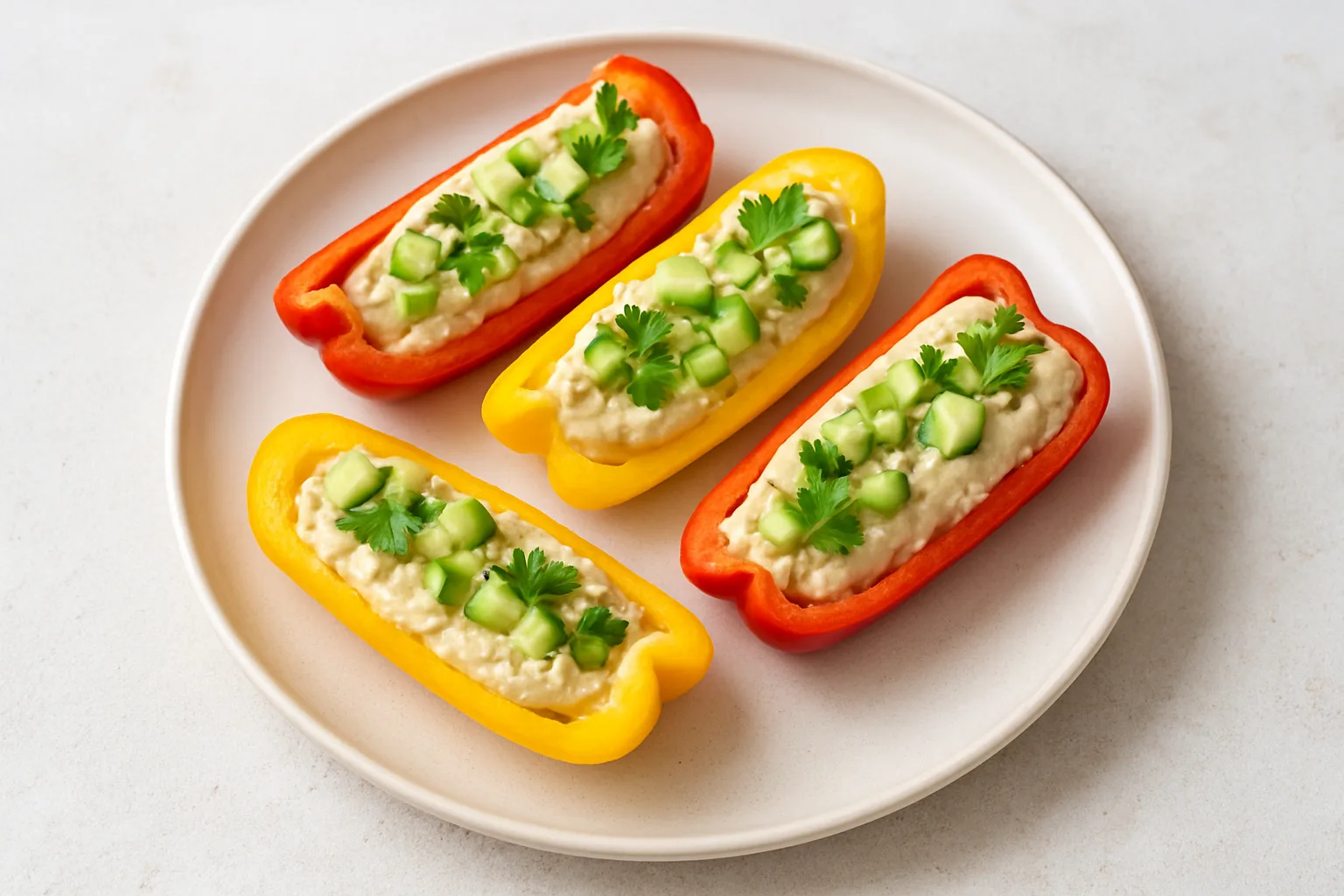Bunte Paprika-Hummus-Boote mit Gurke und Sesam